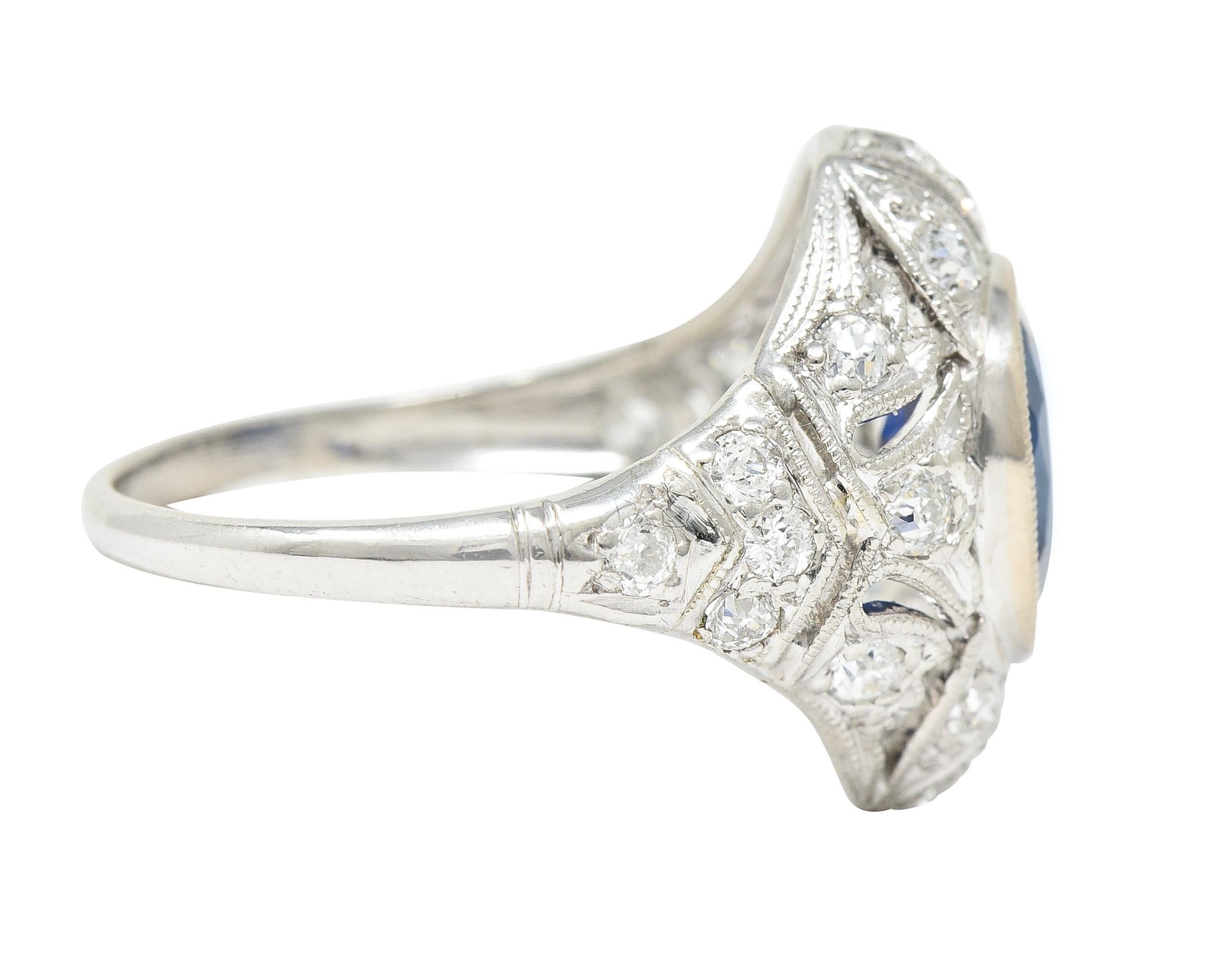 Art Deco 2.22 Carat Cushion Cut Sapphire Diamond Platinum Pierced Chevron Ring In Excellent Condition For Sale In Philadelphia, PA