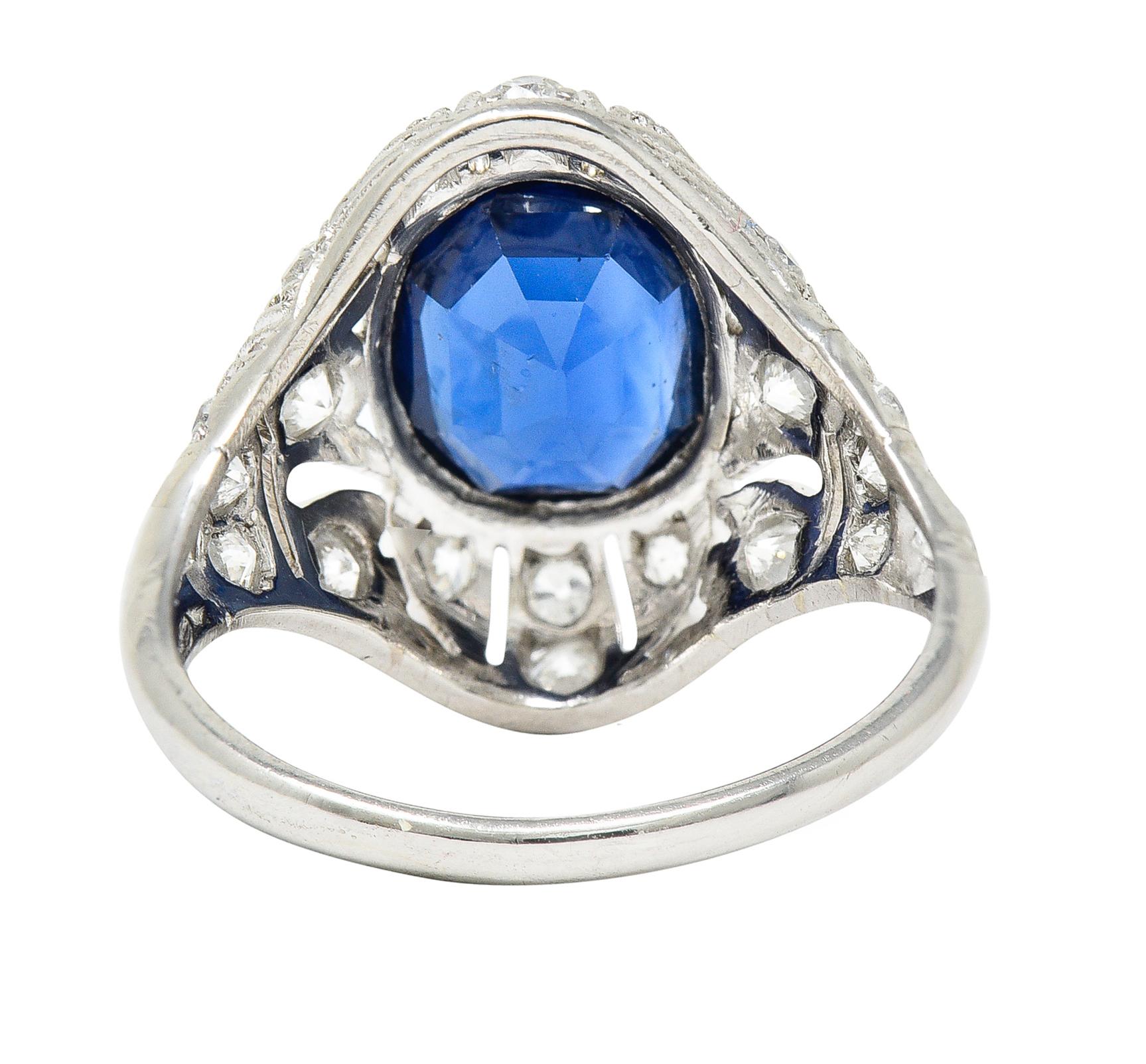 Women's or Men's Art Deco 2.22 Carat Cushion Cut Sapphire Diamond Platinum Pierced Chevron Ring For Sale