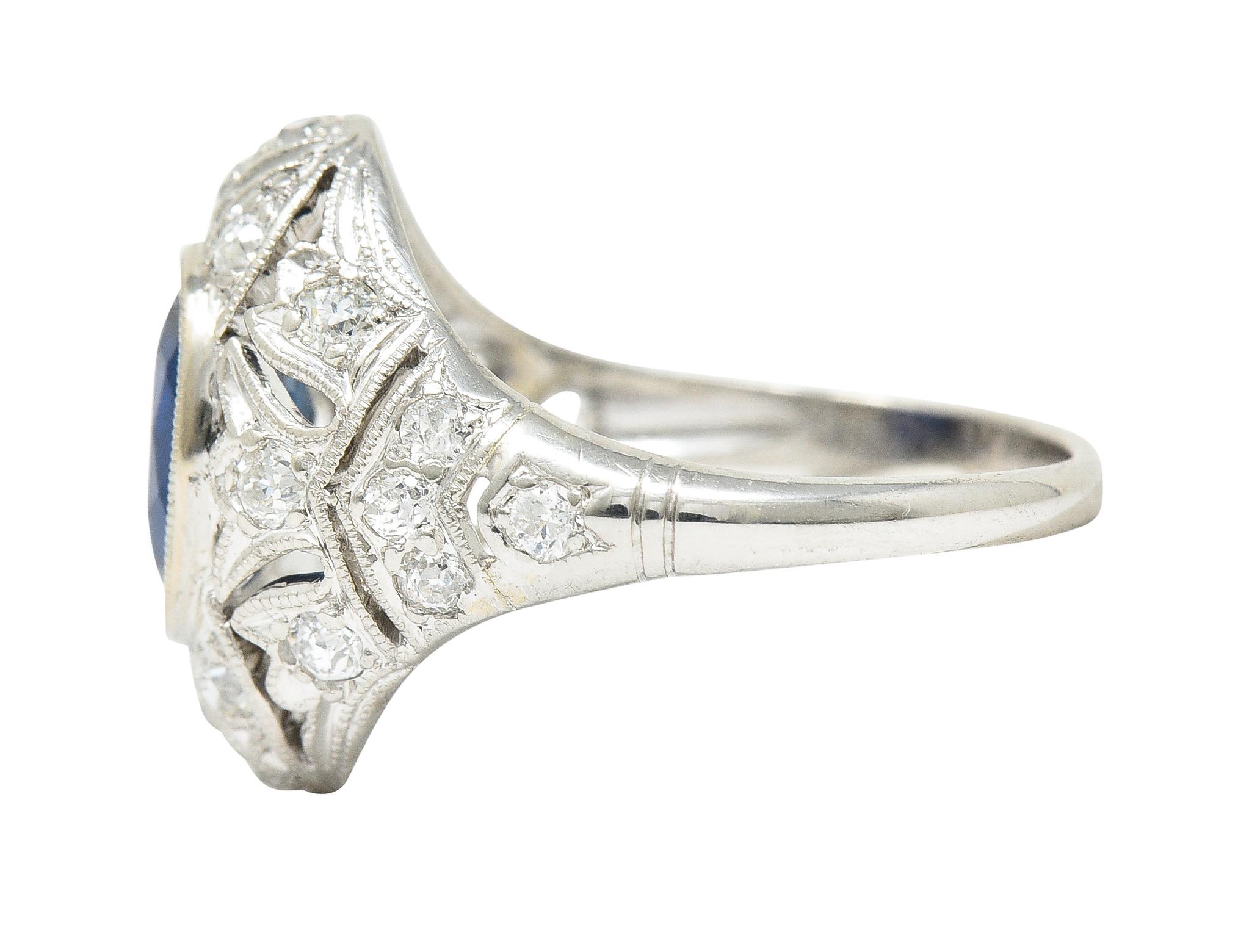 Art Deco 2.22 Carat Cushion Cut Sapphire Diamond Platinum Pierced Chevron Ring For Sale 1
