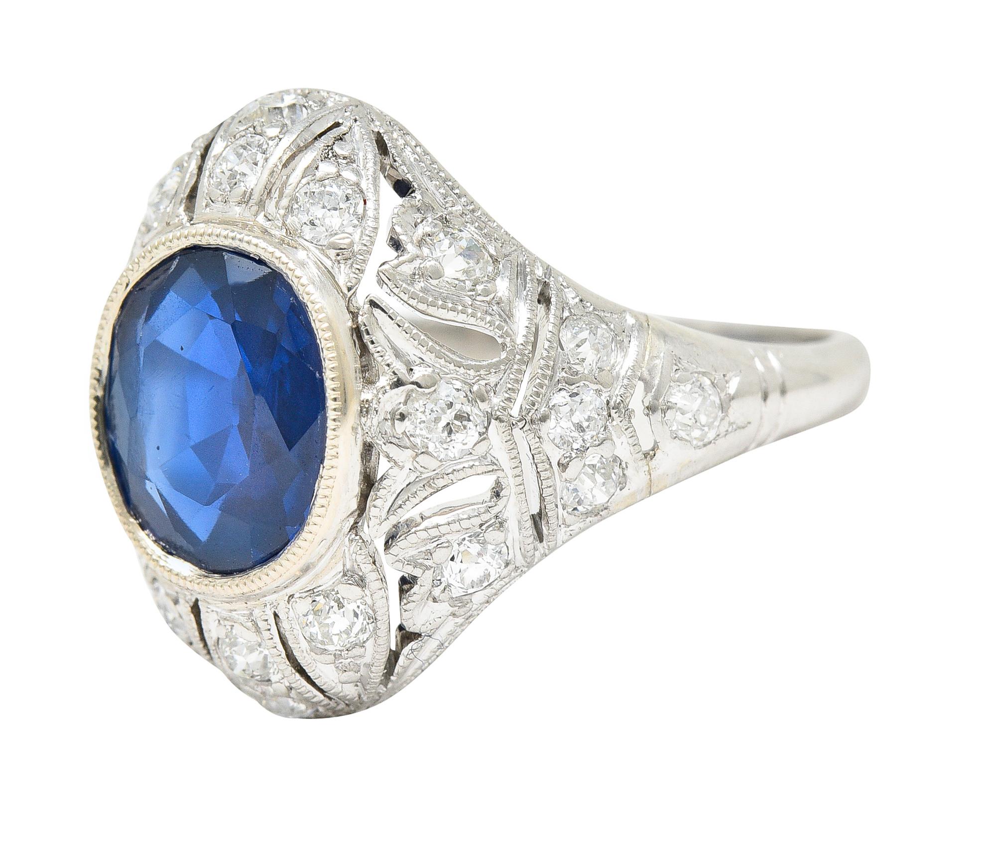 Art Deco 2.22 Carat Cushion Cut Sapphire Diamond Platinum Pierced Chevron Ring For Sale 2