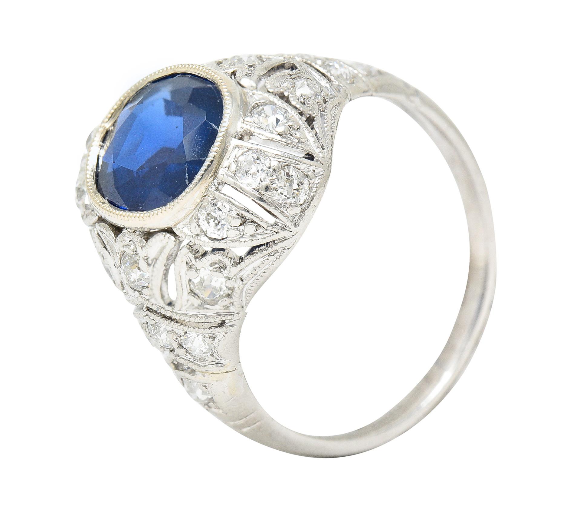 Art Deco 2.22 Carat Cushion Cut Sapphire Diamond Platinum Pierced Chevron Ring For Sale 3