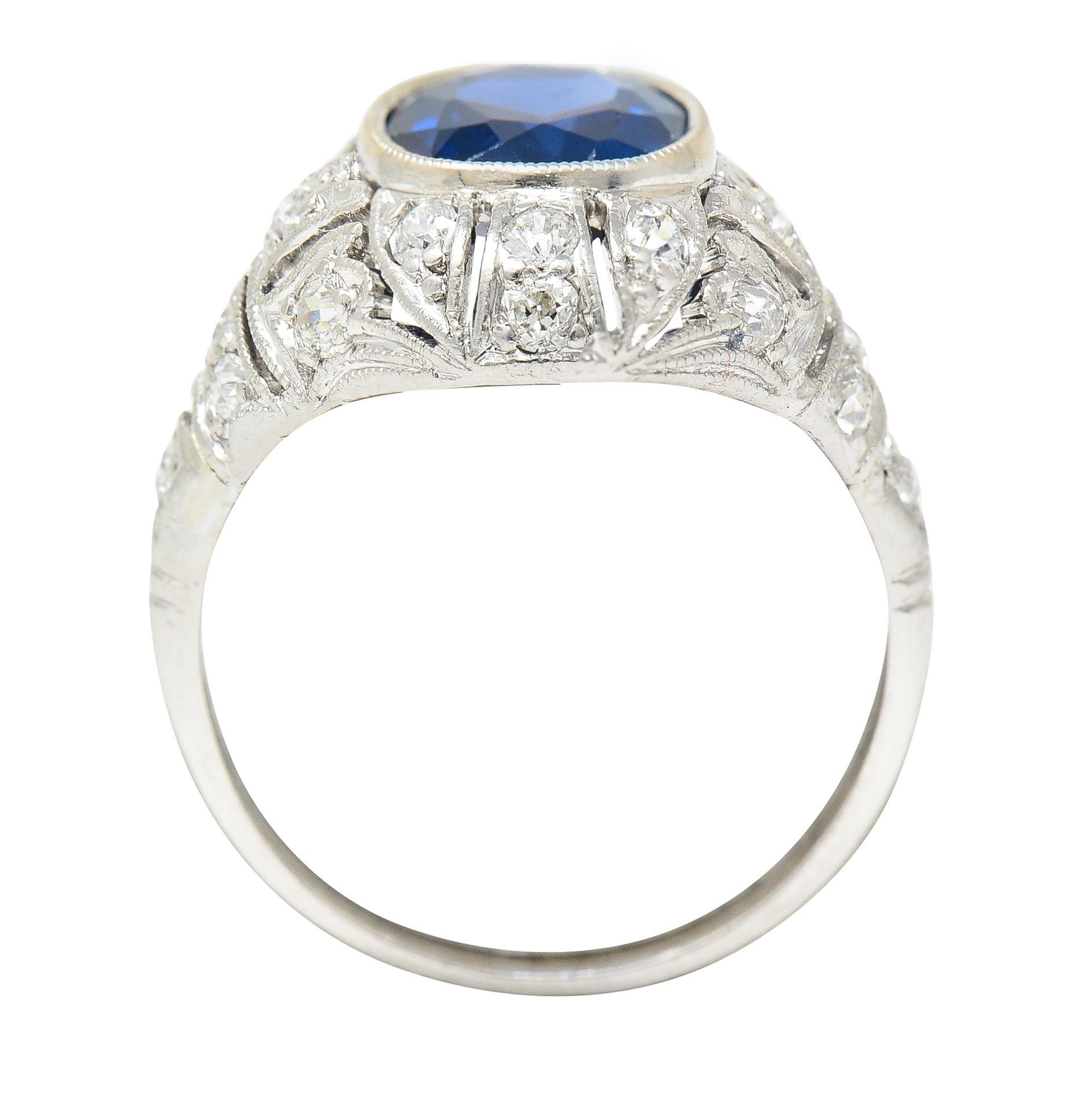 Art Deco 2.22 Carat Cushion Cut Sapphire Diamond Platinum Pierced Chevron Ring For Sale 4