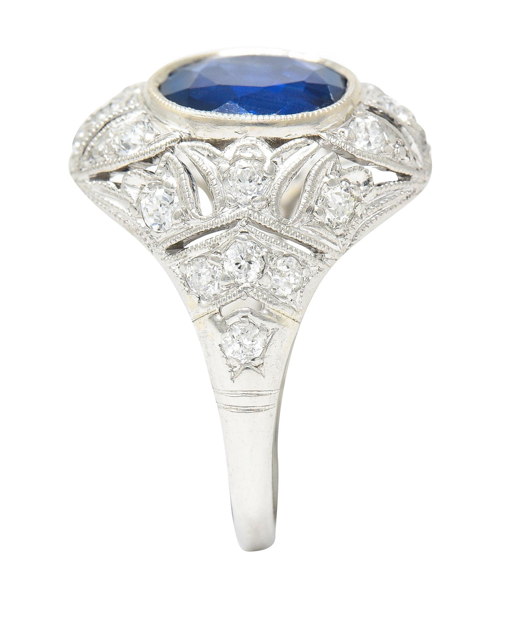 Art Deco 2.22 Carat Cushion Cut Sapphire Diamond Platinum Pierced Chevron Ring For Sale 5