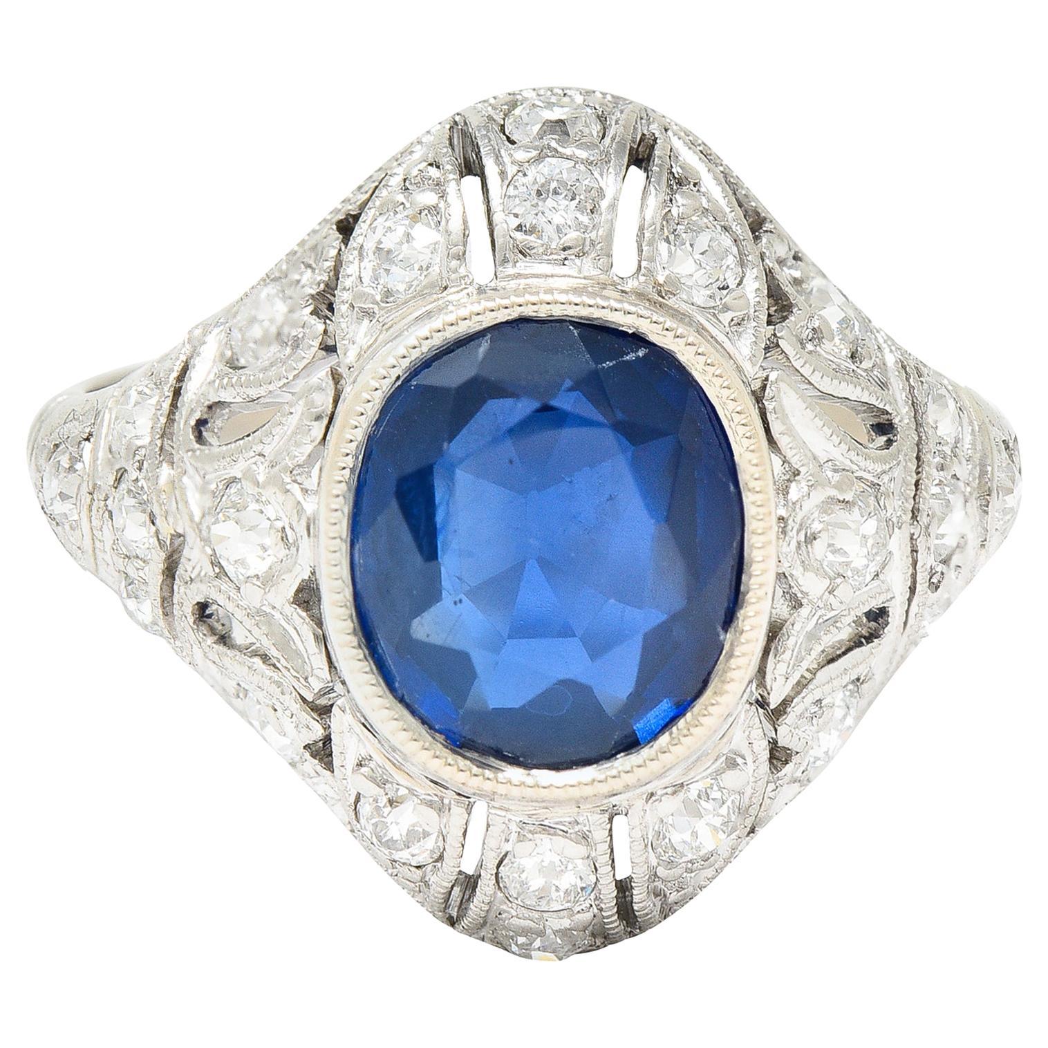 Art Deco 2.22 Carat Cushion Cut Sapphire Diamond Platinum Pierced Chevron Ring For Sale