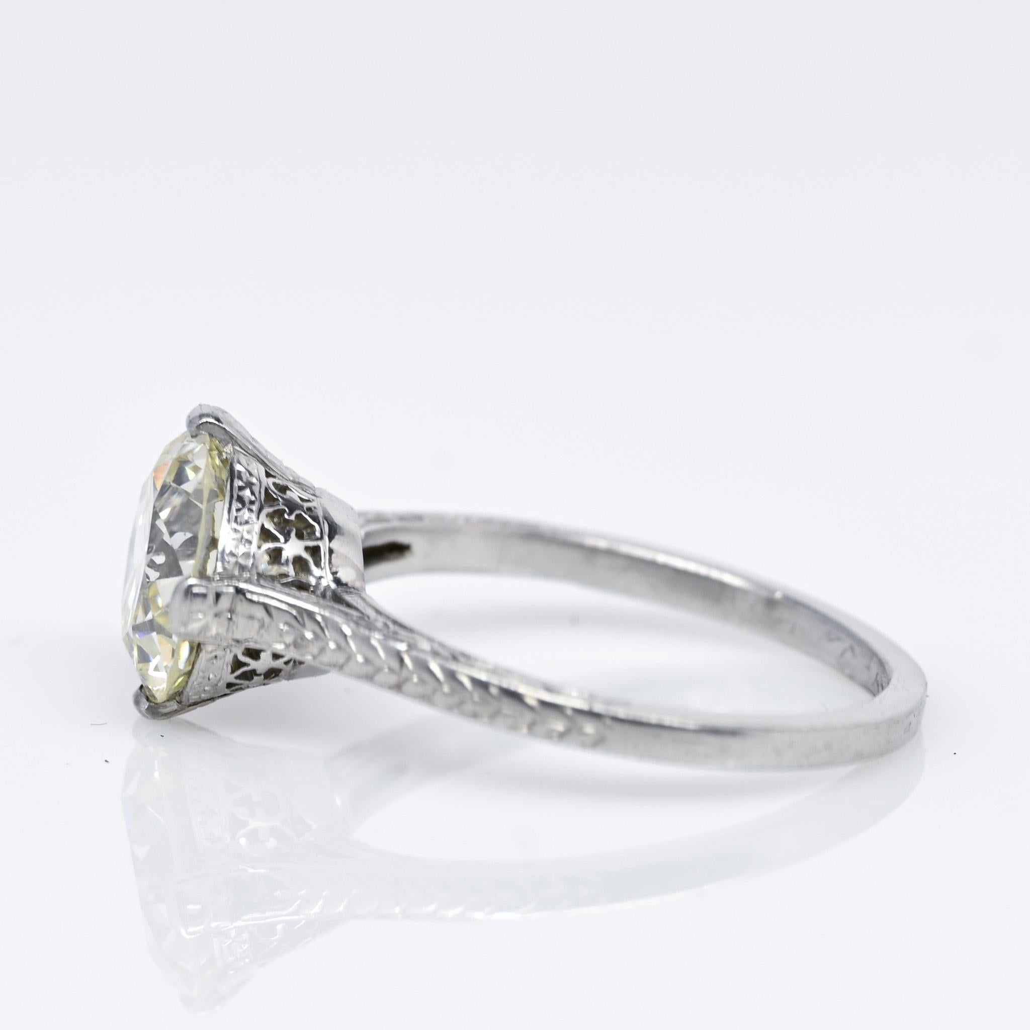 Edwardian Art Deco 2.22ct Old European Cut Diamond Chevron Engraved Platinum Solitaire Rin
