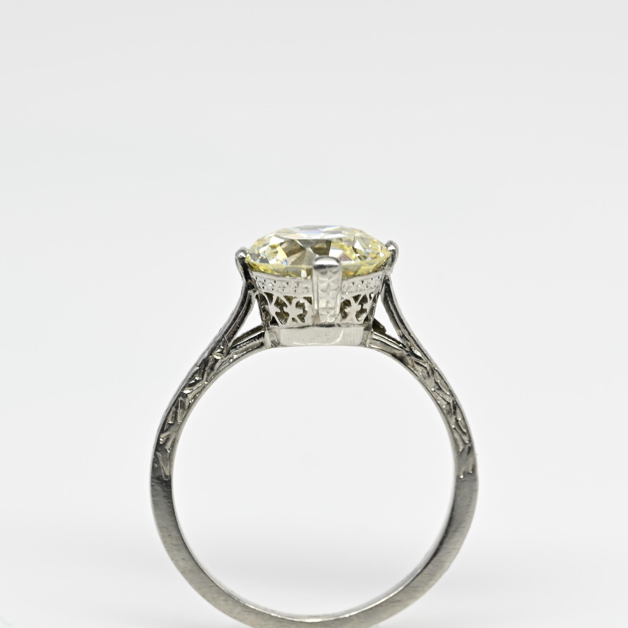 Art Deco 2.22ct Old European Cut Diamond Chevron Engraved Platinum Solitaire Rin 1