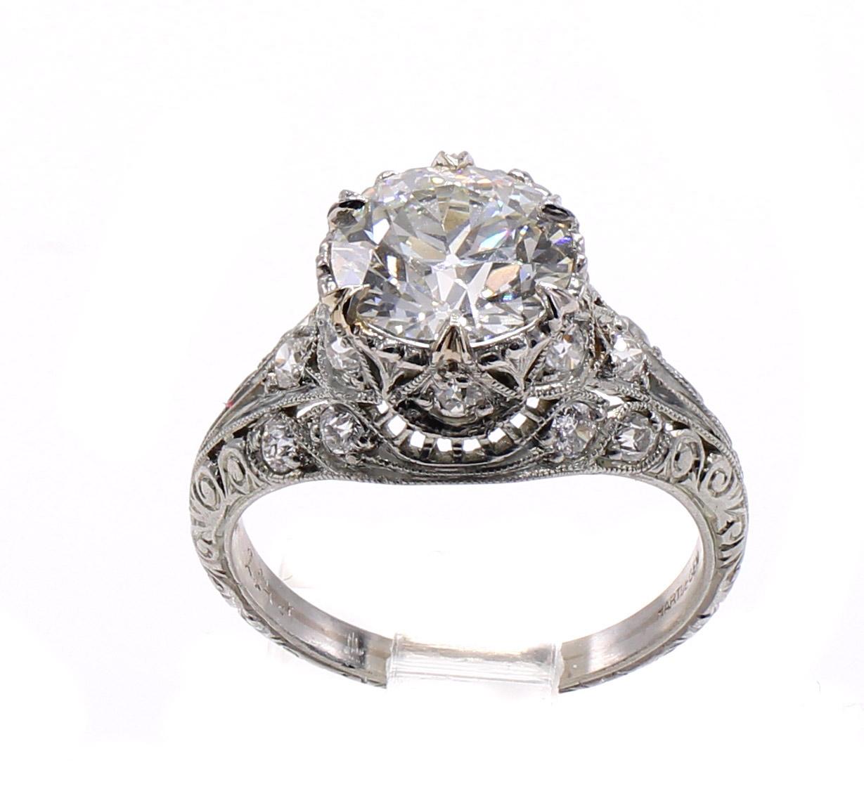 Art Deco 2.24 Carat Certified Old European Cut Diamond Platinum Engagement Ring For Sale 1