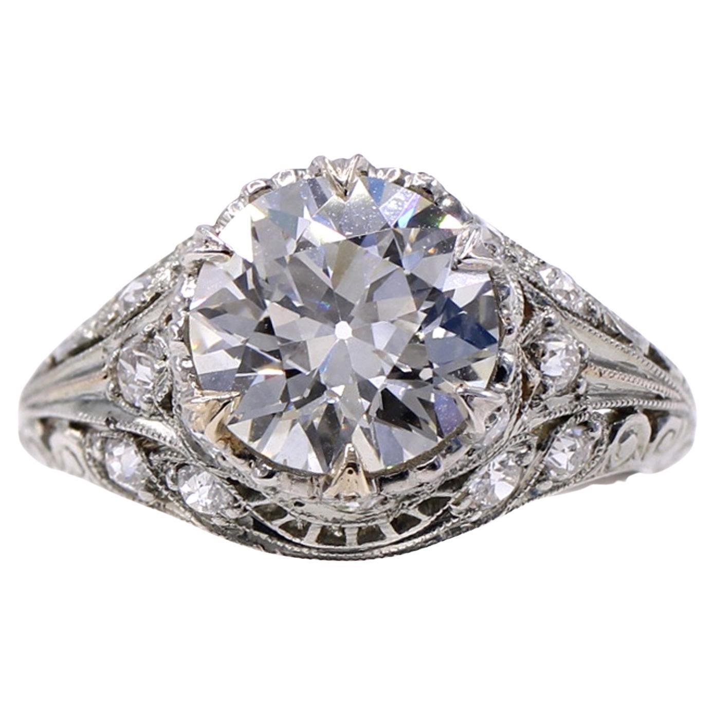 Art Deco 2.24 Carat Certified Old European Cut Diamond Platinum Engagement Ring For Sale