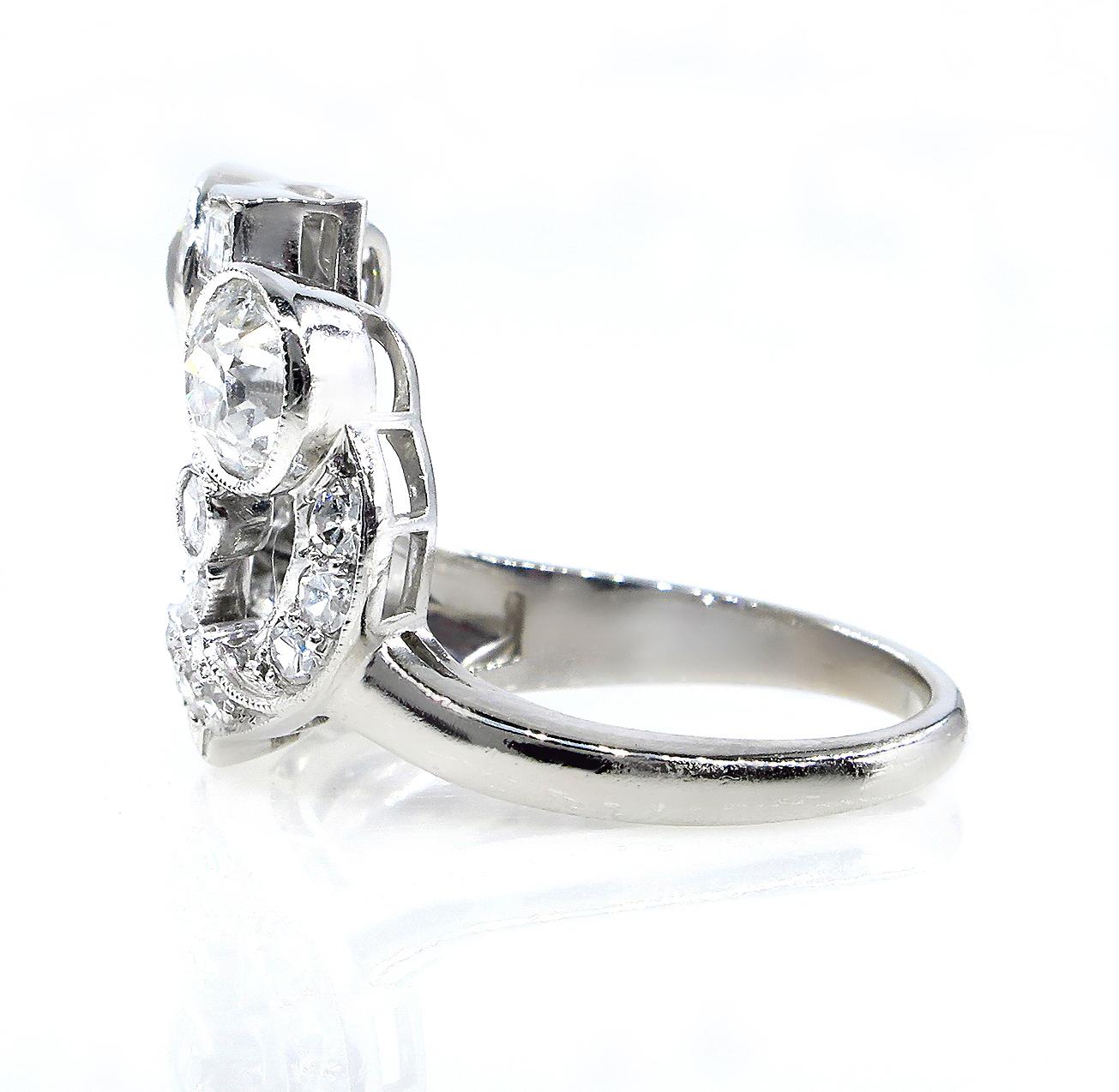 Art Deco 2.25 Carat Old European Round Cut Diamond Cocktail Platinum Ring For Sale 10