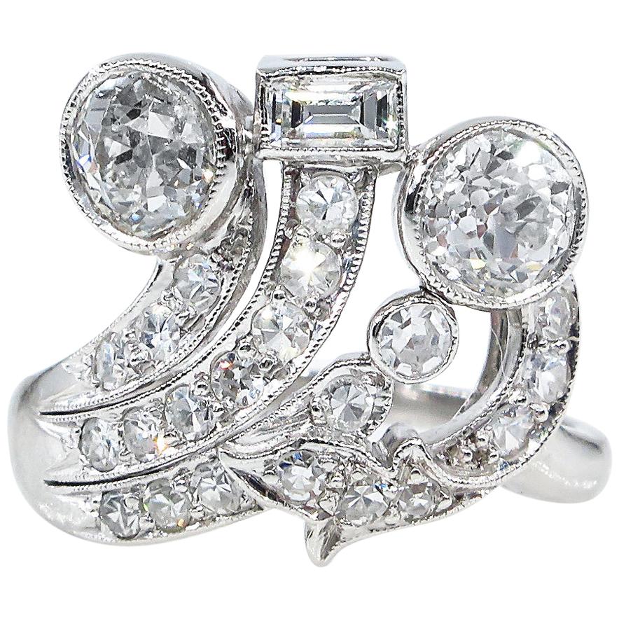 Bague cocktail Art déco en platine avec diamants ronds de 2,25 carats de taille vieille Europe