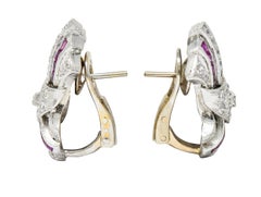 Art Deco 2.25 Carats Ruby Diamond Platinum Flared Earrings, Circa 1930