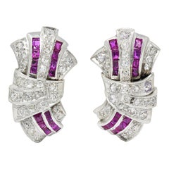 Art Deco 2.25 Carats Ruby Diamond Platinum Flared Earrings, Circa 1930