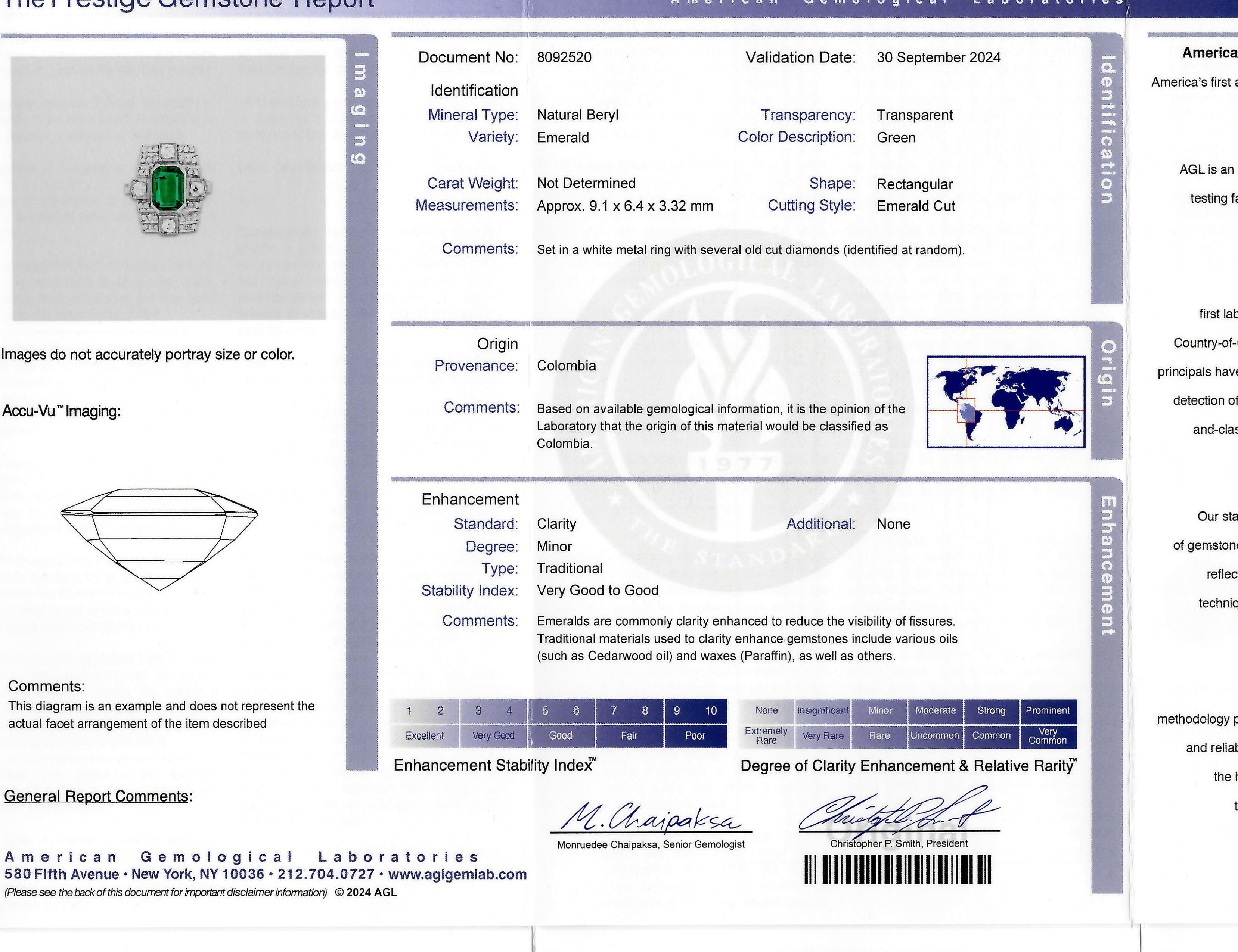 Art Deco 2.25 CTW Colombian Emerald Diamond Platinum Vintage Dinner Ring AGL en venta 7