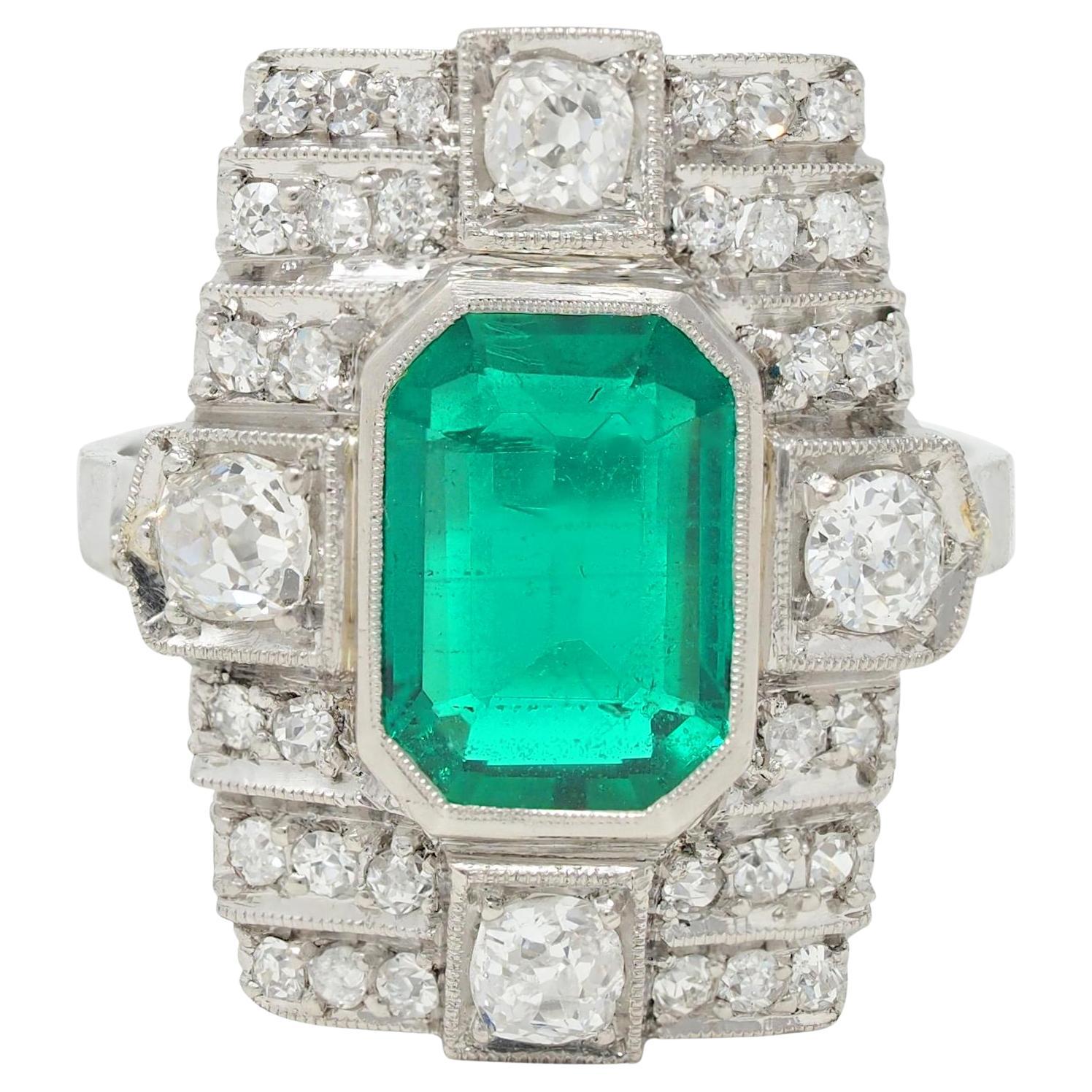 Art Deco 2.25 CTW Colombian Emerald Diamond Platinum Vintage Dinner Ring AGL