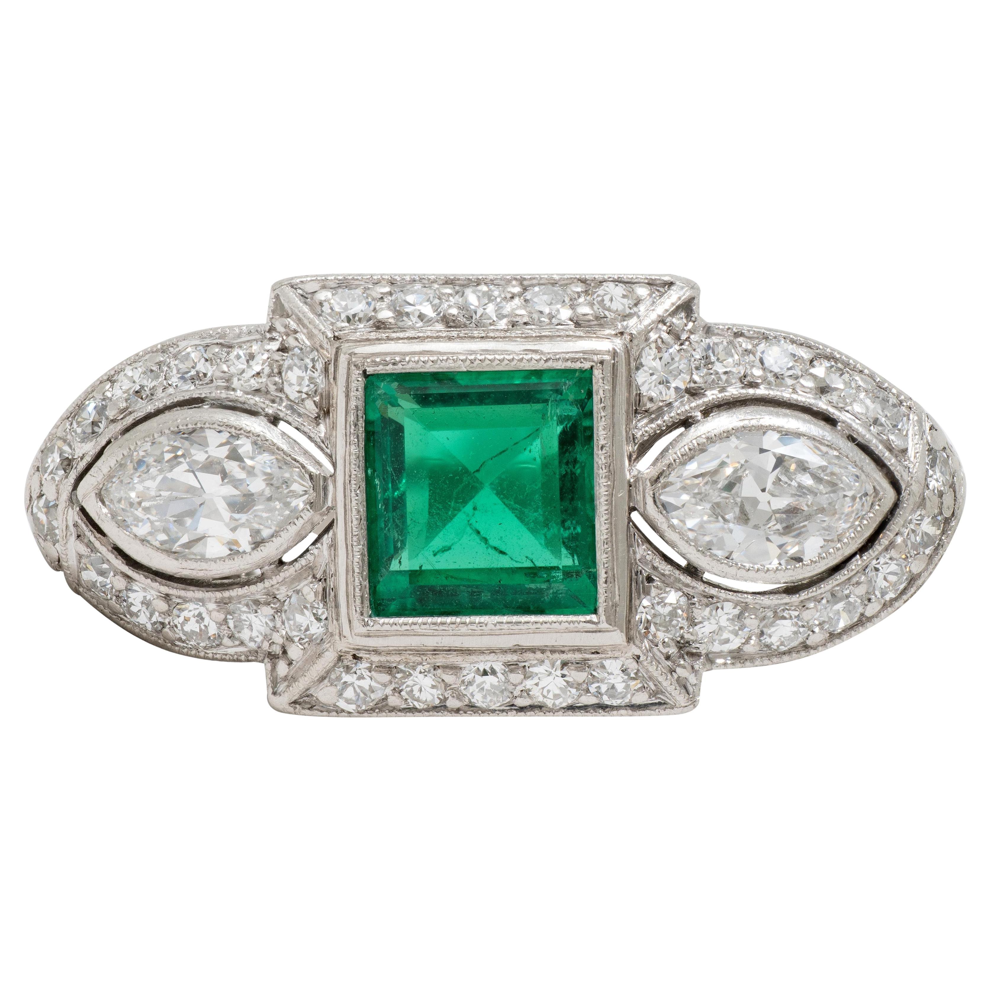 Art Deco 2.25 CTW Emerald Diamond Platinum Vintage Scrolling Halo Ring