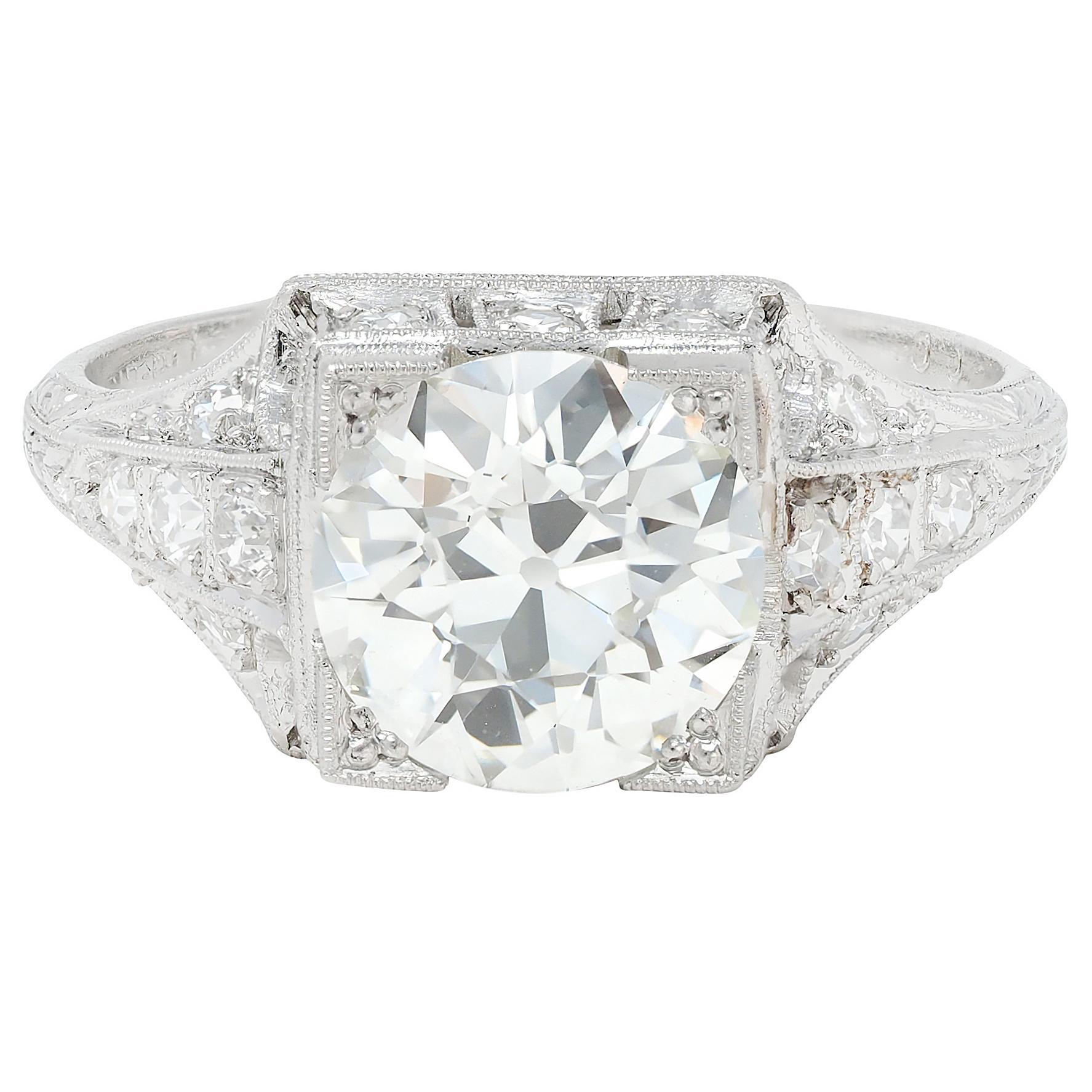 Bague de fiançailles vintage Art déco en platine avec diamant taille européenne ancienne 2.25 carat certifié GIA