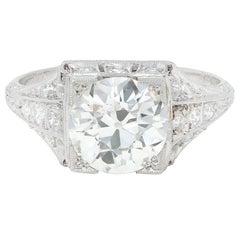 Bague de fiançailles vintage Art déco en platine avec diamant taille européenne ancienne 2.25 carat certifié GIA