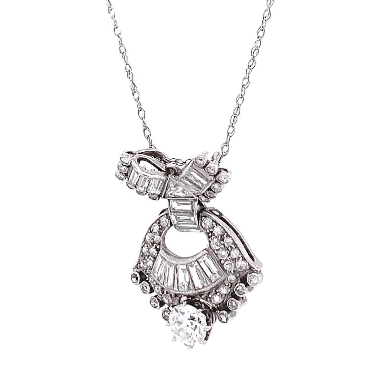 Art Deco 2.25 Total Carat Weight Diamond Platinum Pendant & Gold Necklace In Excellent Condition In Beverly Hills, CA