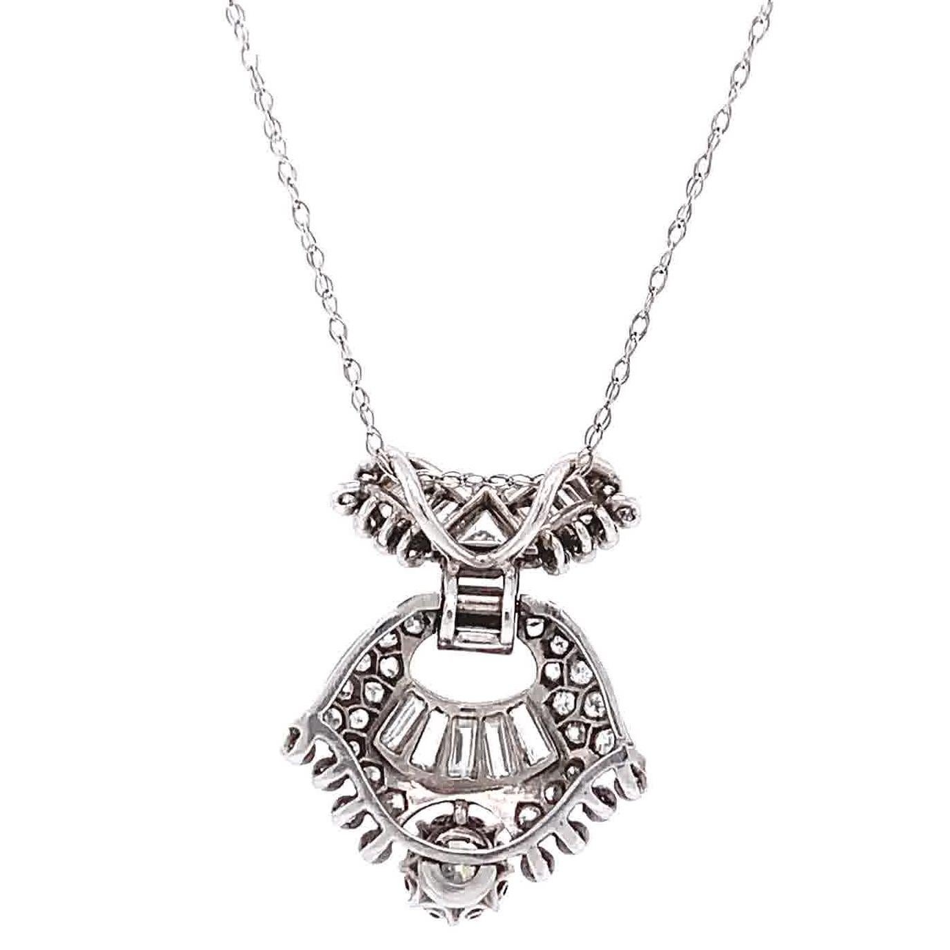 Women's or Men's Art Deco 2.25 Total Carat Weight Diamond Platinum Pendant & Gold Necklace