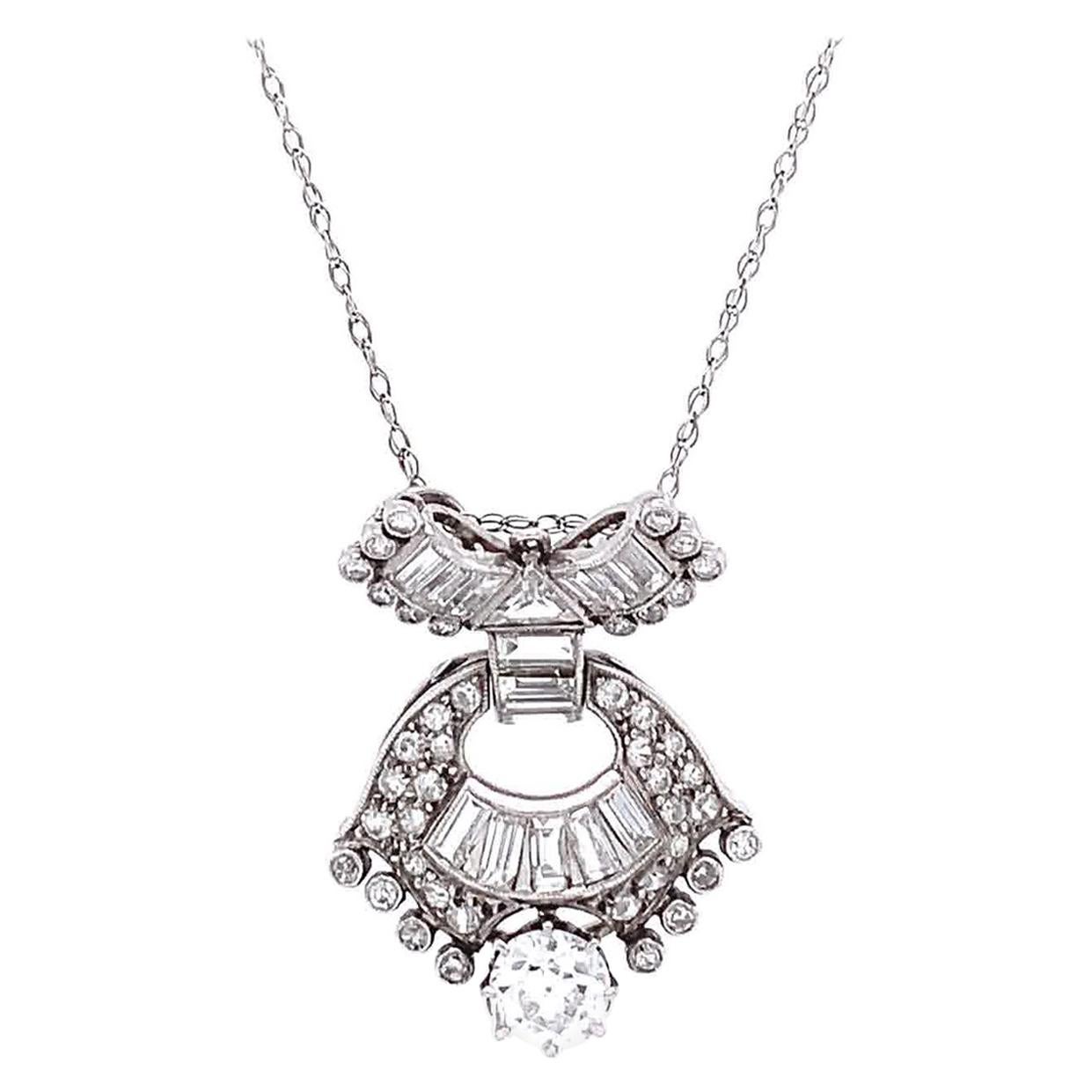 Art Deco 2.25 Total Carat Weight Diamond Platinum Pendant & Gold Necklace