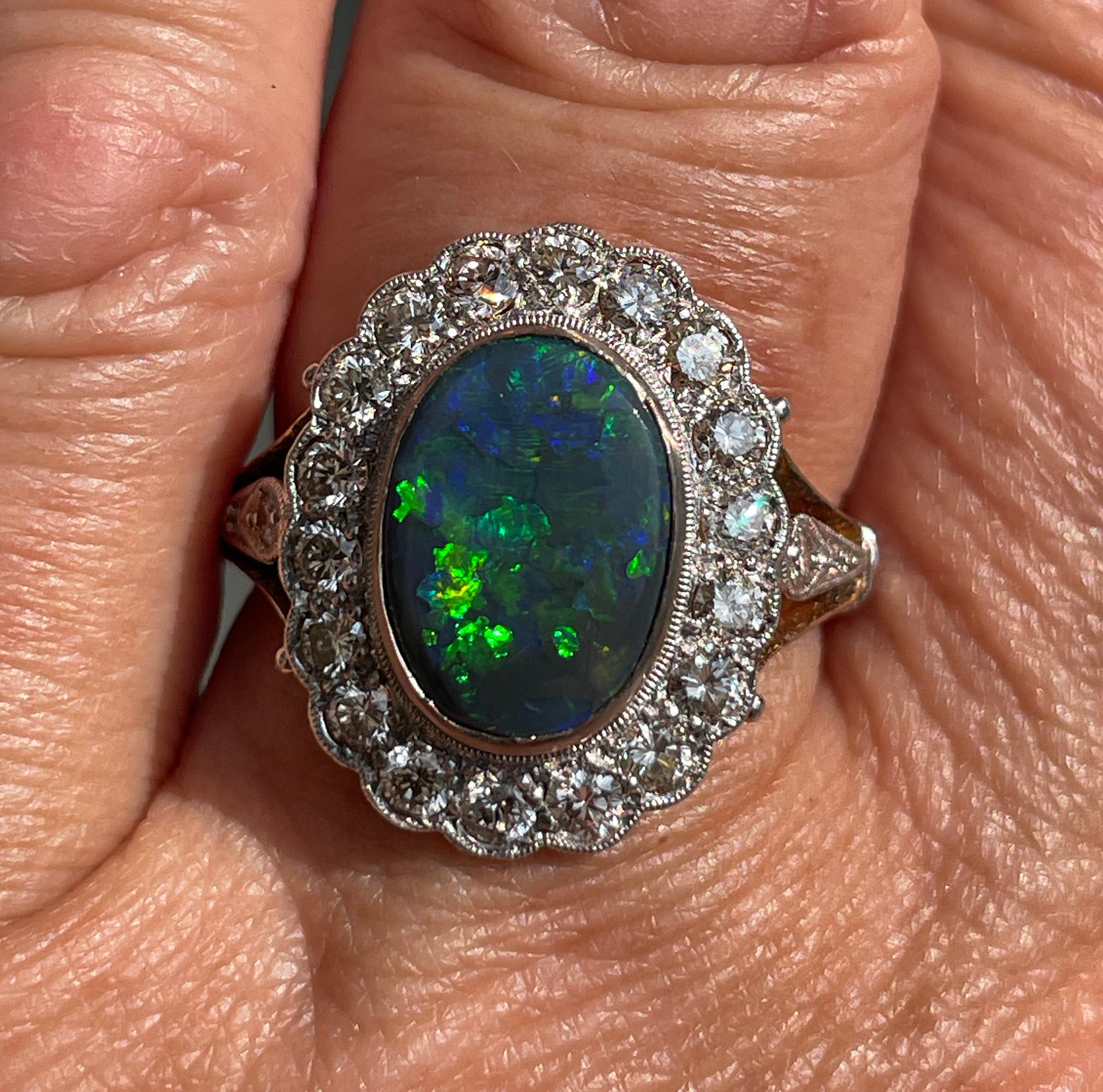 Art Deco 2.25ct Antique Black Opal and Diamond Cluster Cocktail 18K Gold Ring For Sale 3
