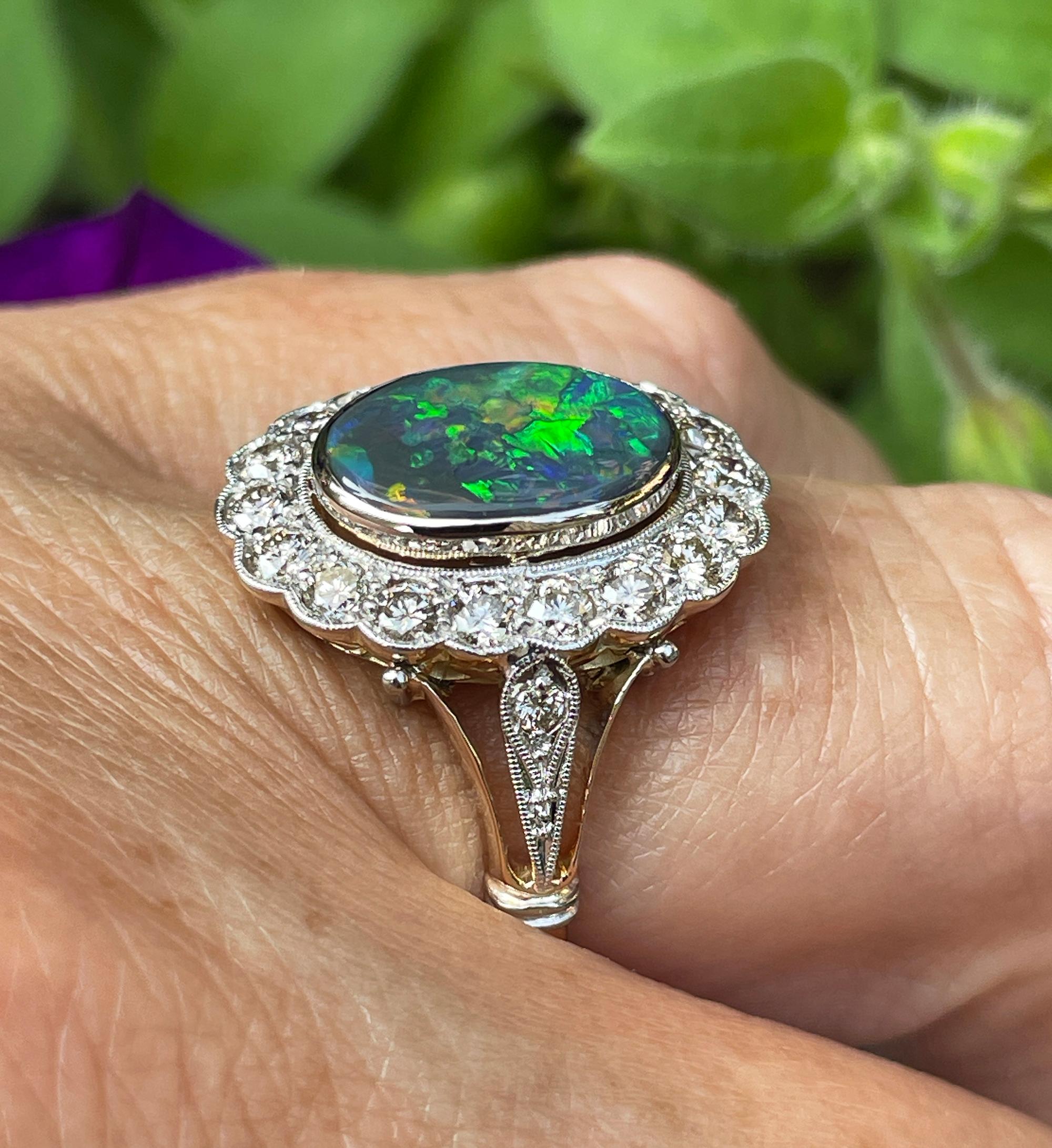 Art Deco 2.25ct Antique Black Opal and Diamond Cluster Cocktail 18K Gold Ring For Sale 5