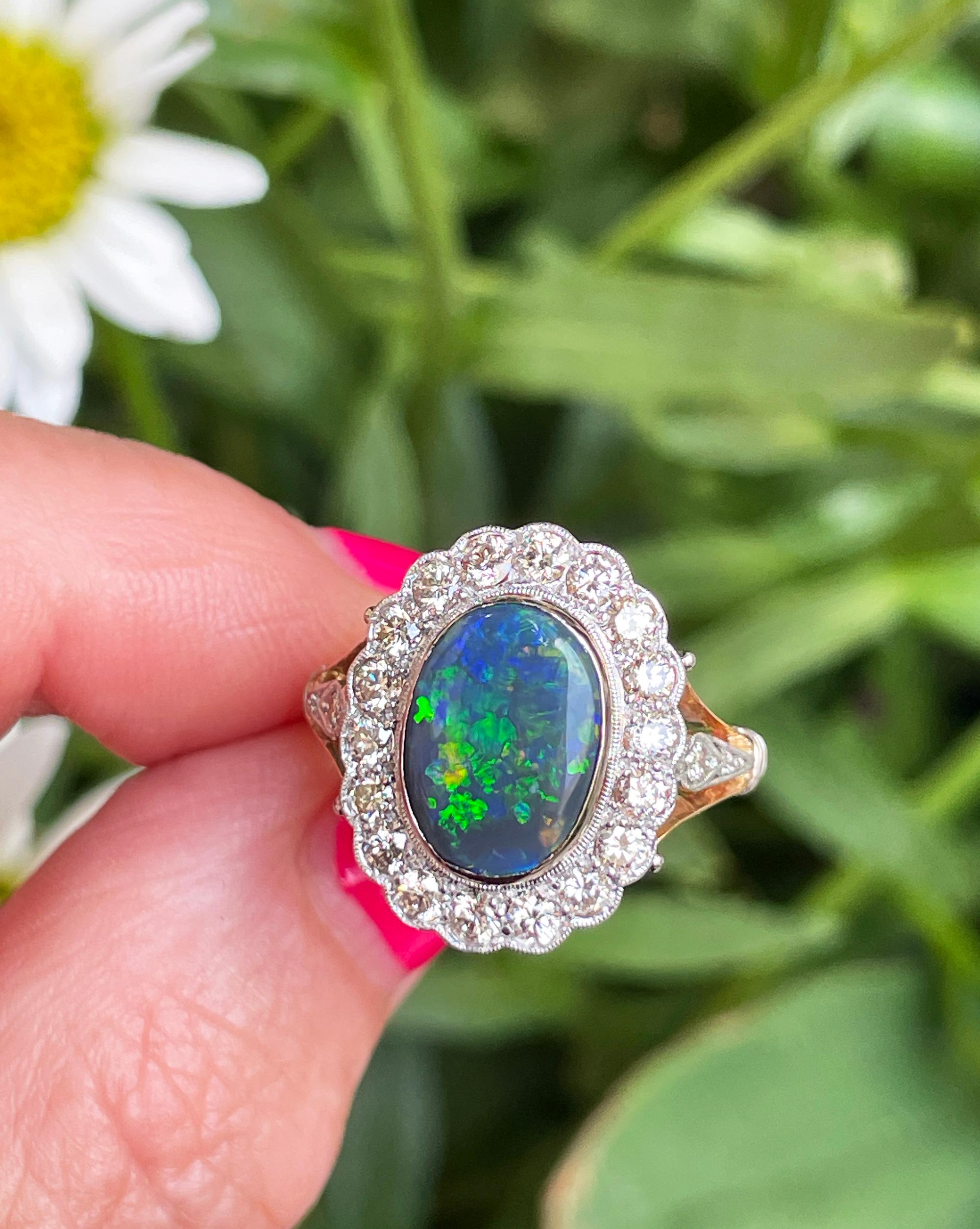 Art Deco 2.25ct Antique Black Opal and Diamond Cluster Cocktail 18K Gold Ring For Sale 6