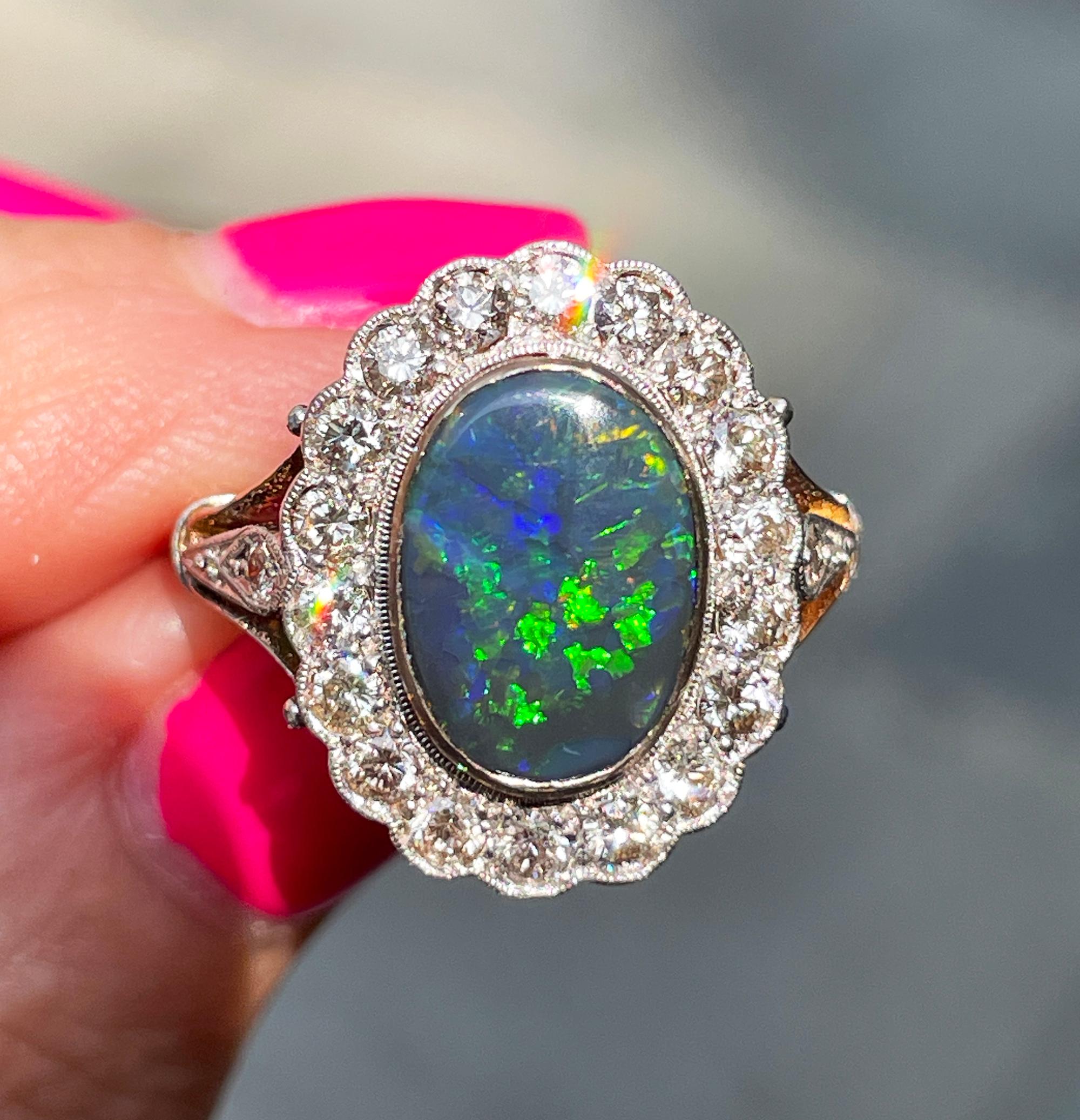 Art Deco 2.25ct Antique Black Opal and Diamond Cluster Cocktail 18K Gold Ring For Sale 8