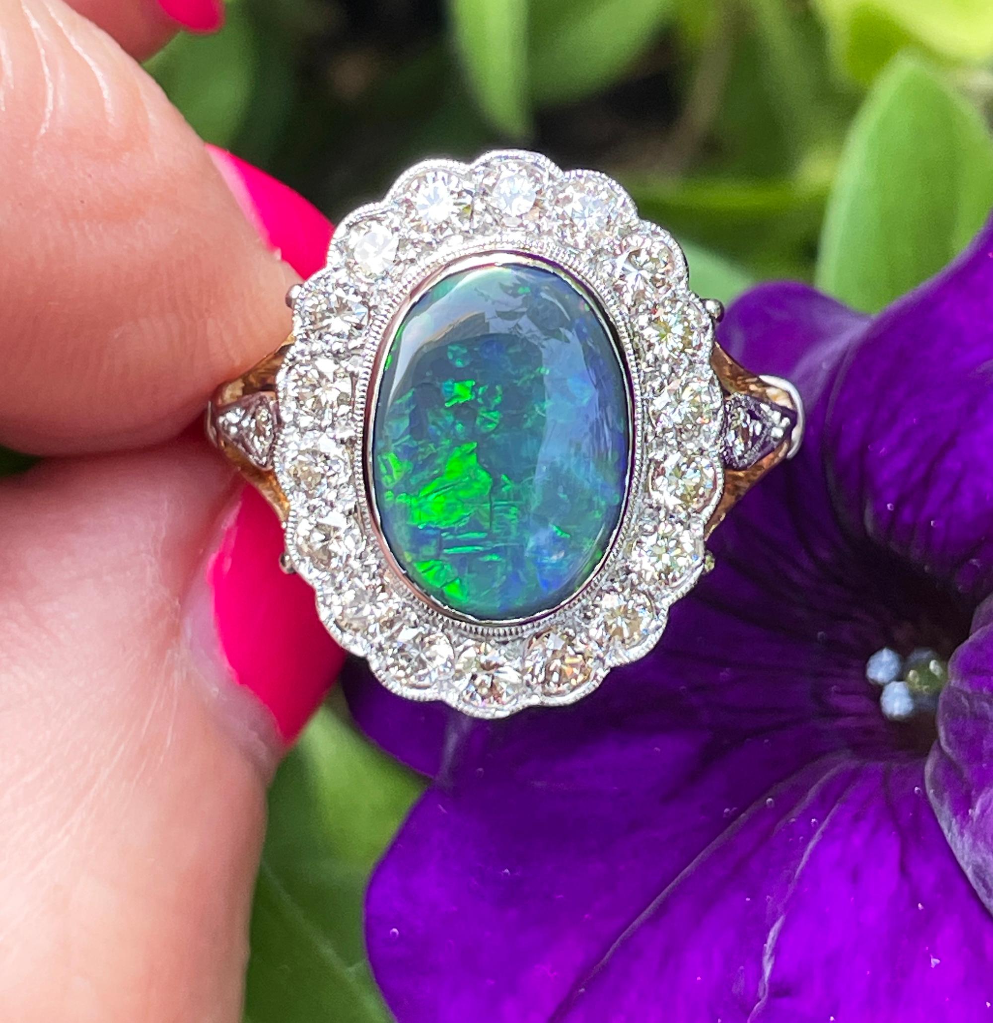 Art Deco 2.25ct Antique Black Opal and Diamond Cluster Cocktail 18K Gold Ring For Sale 11