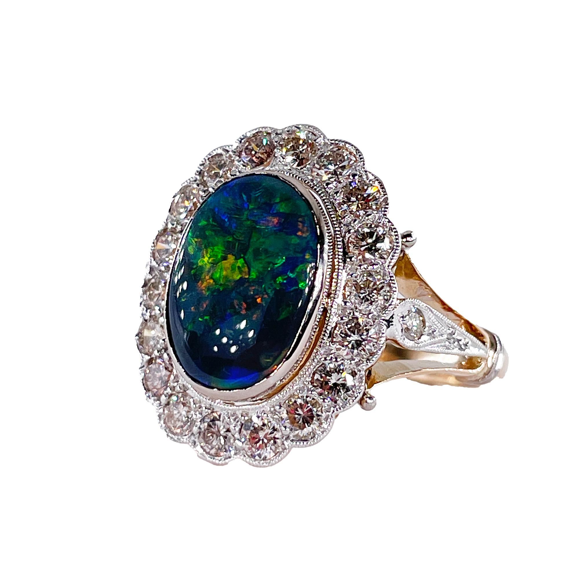Oval Cut Art Deco 2.25ct Antique Black Opal and Diamond Cluster Cocktail 18K Gold Ring For Sale