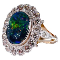 Art Deco 2.25ct Antique Black Opal and Diamond Cluster Cocktail 18K Gold Ring