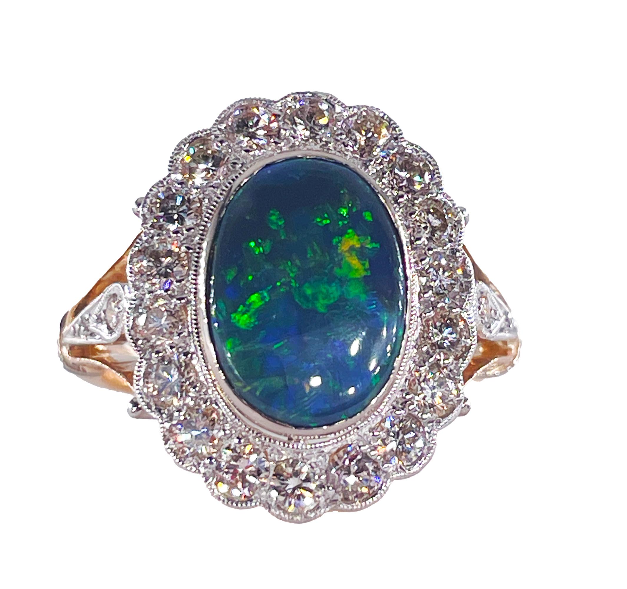 Art Deco 2.25ct Antique Black Opal and Diamond Cluster Cocktail 18K Gold Ring In Good Condition For Sale In New York, NY