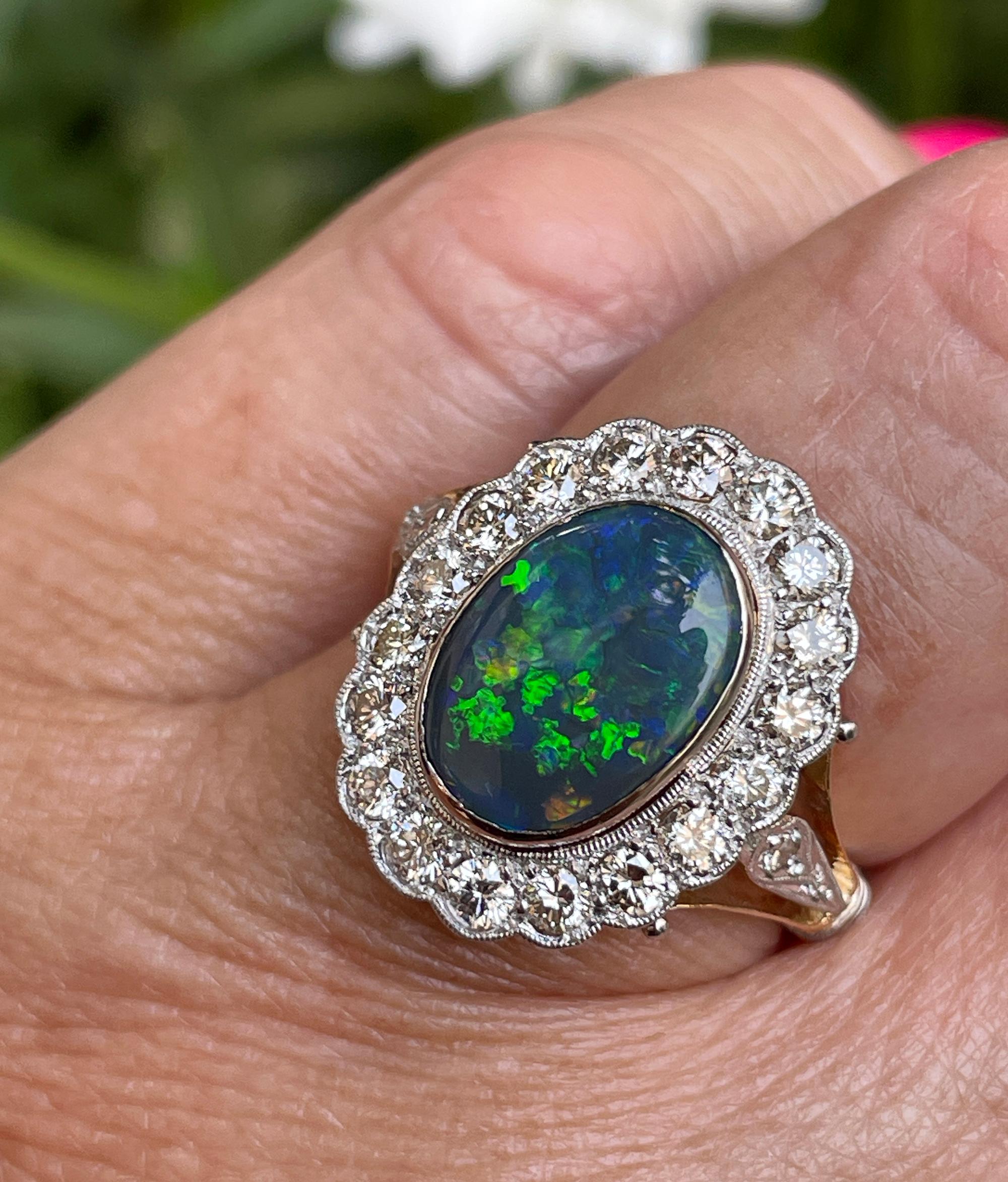 Women's Art Deco 2.25ct Antique Black Opal and Diamond Cluster Cocktail 18K Gold Ring For Sale