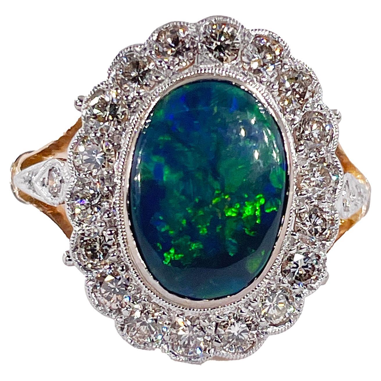 Art Deco 2.25ct Antique Black Opal and Diamond Cluster Cocktail 18K Gold Ring For Sale