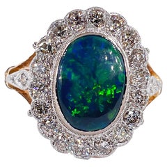 Art Deco 2.25ct Antique Black Opal and Diamond Cluster Cocktail 18K Gold Ring