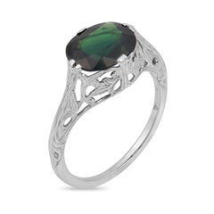 Art Deco 2.26 carat green sapphire filigree 18k white gold ring