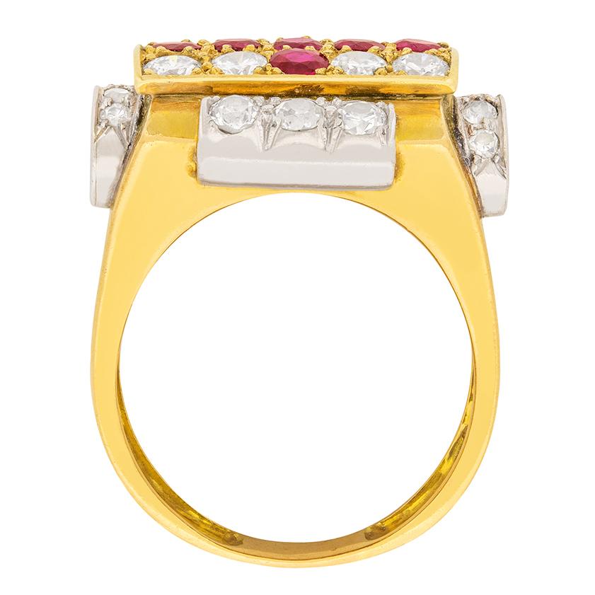 Old European Cut Art Deco 2.26ct Diamond and Ruby Cocktail Ring, France c.1930s For Sale