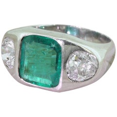 Art Deco 2.28 Carat Emerald and 1.97 Carat Old Cut Diamond Trilogy Ring