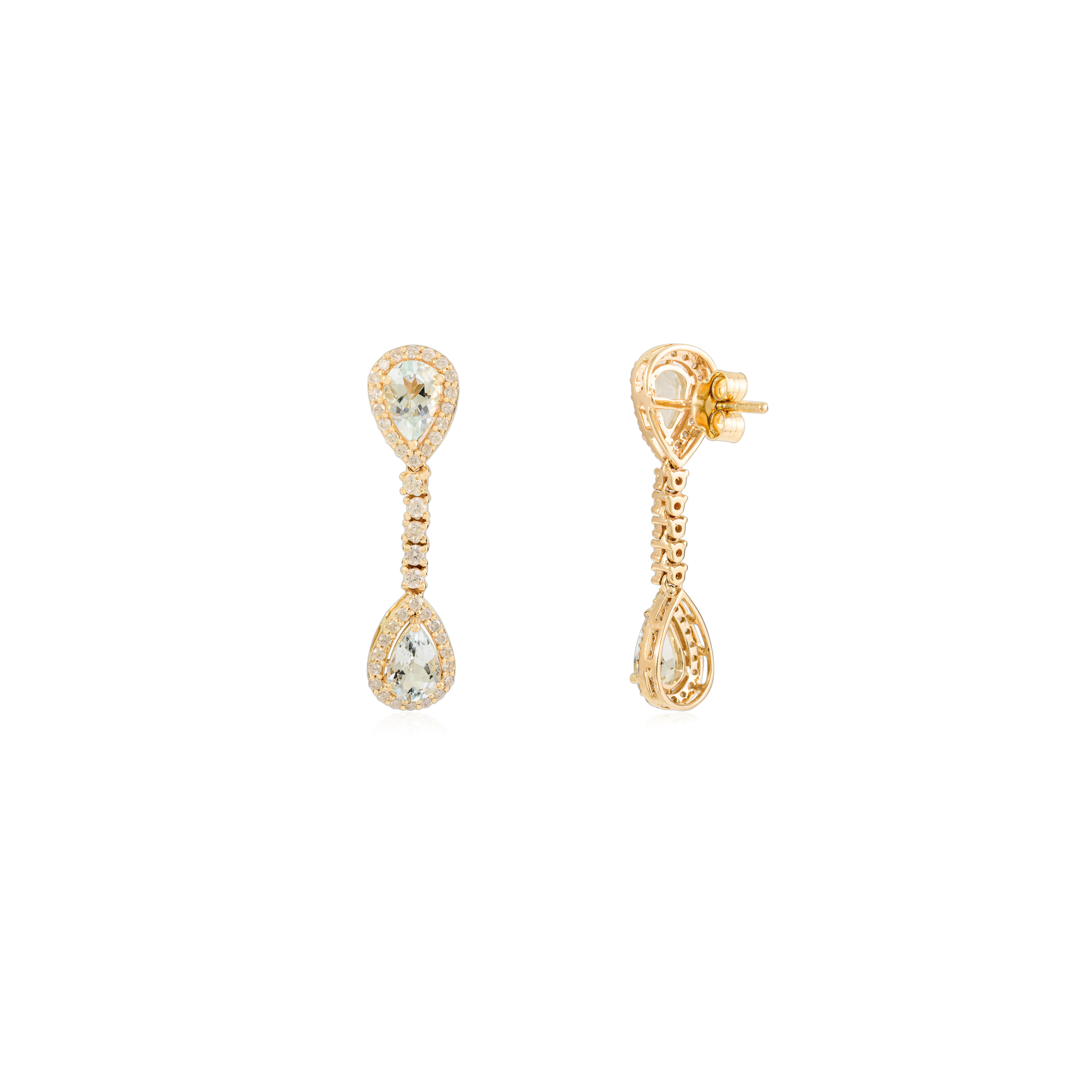 Pear Cut Art Deco 2.28 Ct Pear Aquamarine & Diamond Dangle Drop Earrings 14k Yellow Gold For Sale