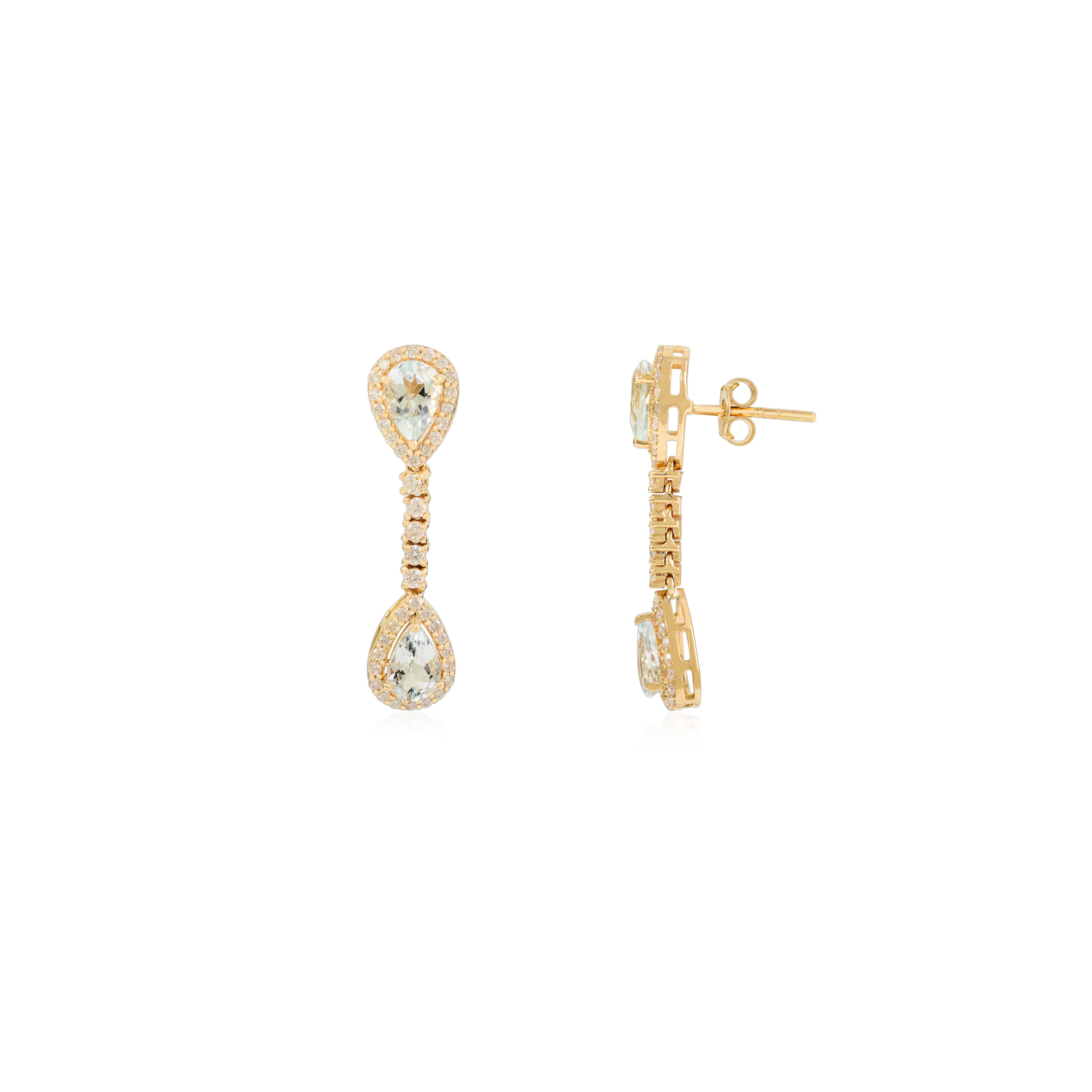 Women's Art Deco 2.28 Ct Pear Aquamarine & Diamond Dangle Drop Earrings 14k Yellow Gold For Sale