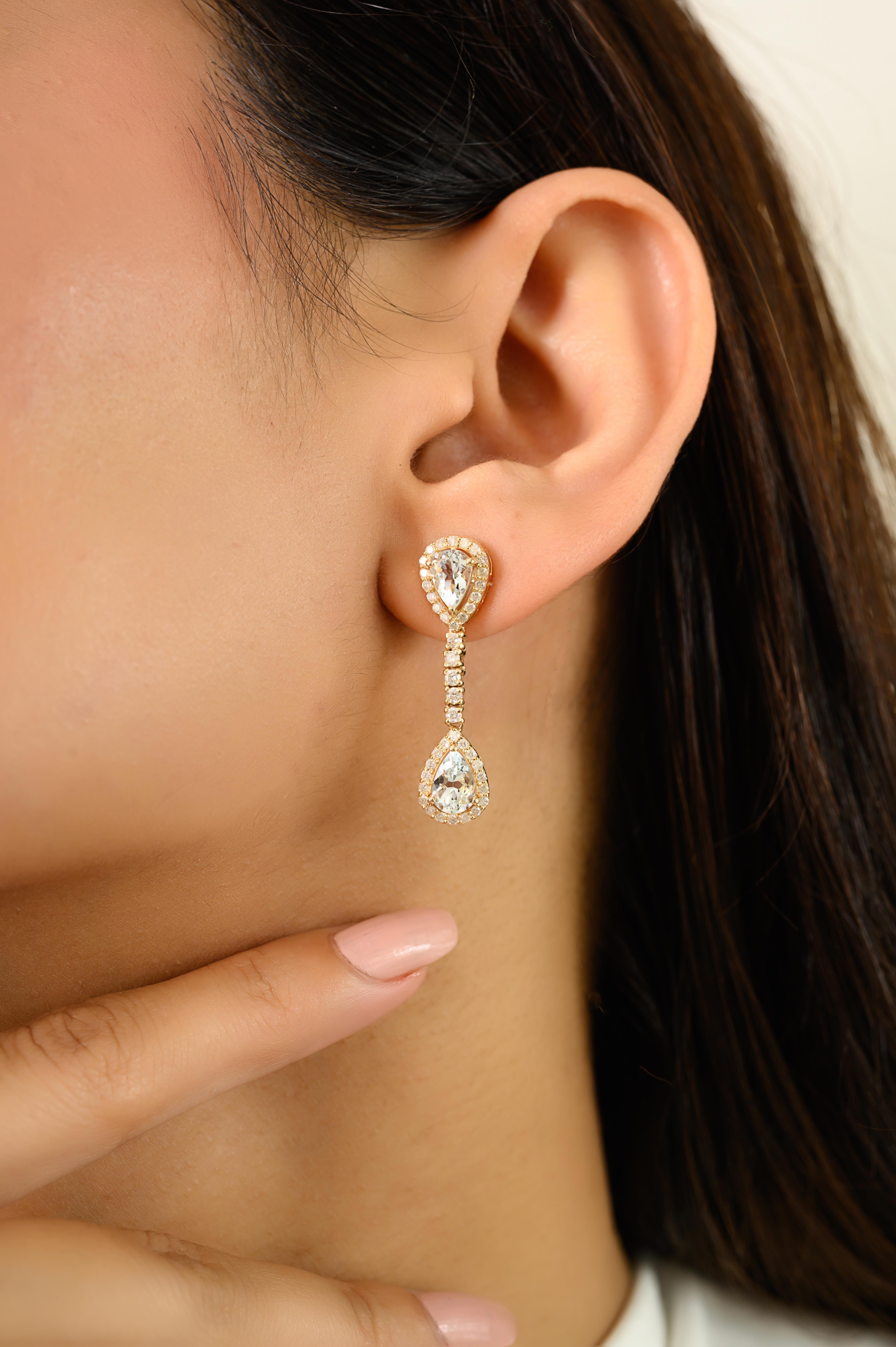 Art Deco 2.28 Ct Pear Aquamarine & Diamond Dangle Drop Earrings 14k Yellow Gold For Sale 1