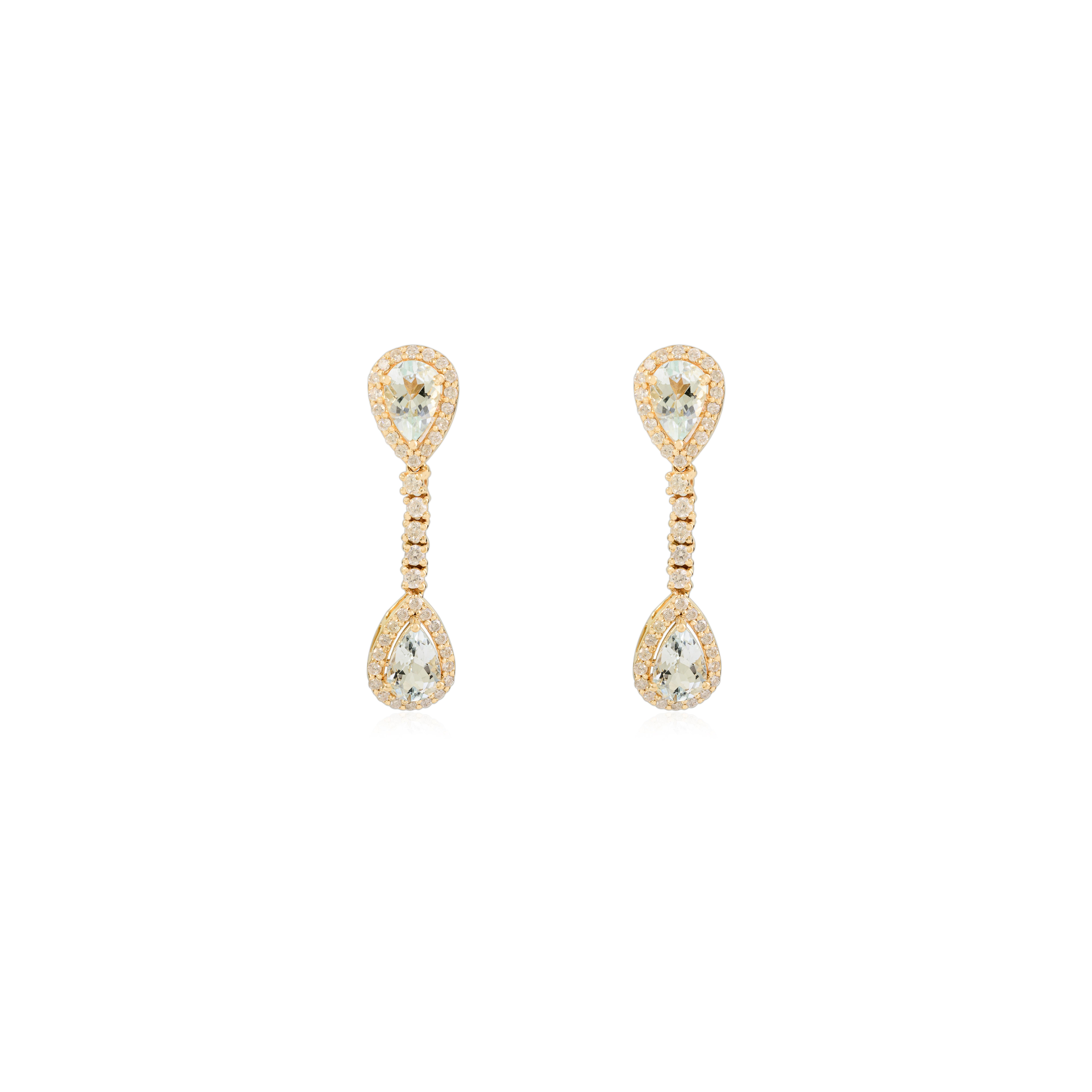 Art Deco 2.28 Ct Pear Aquamarine & Diamond Dangle Drop Earrings 14k Yellow Gold For Sale 2