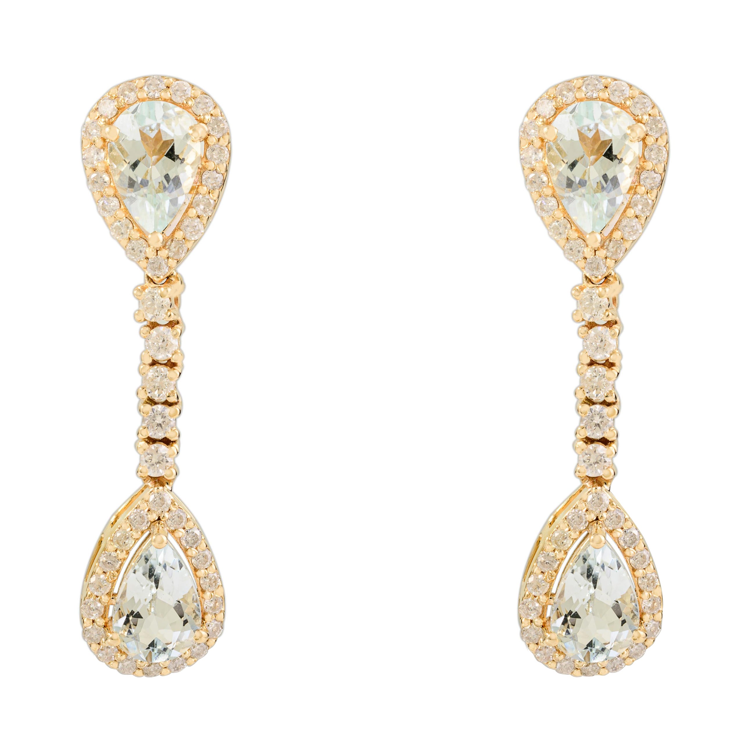 Art Deco 2.28 Ct Pear Aquamarine & Diamond Dangle Drop Earrings 14k Yellow Gold For Sale