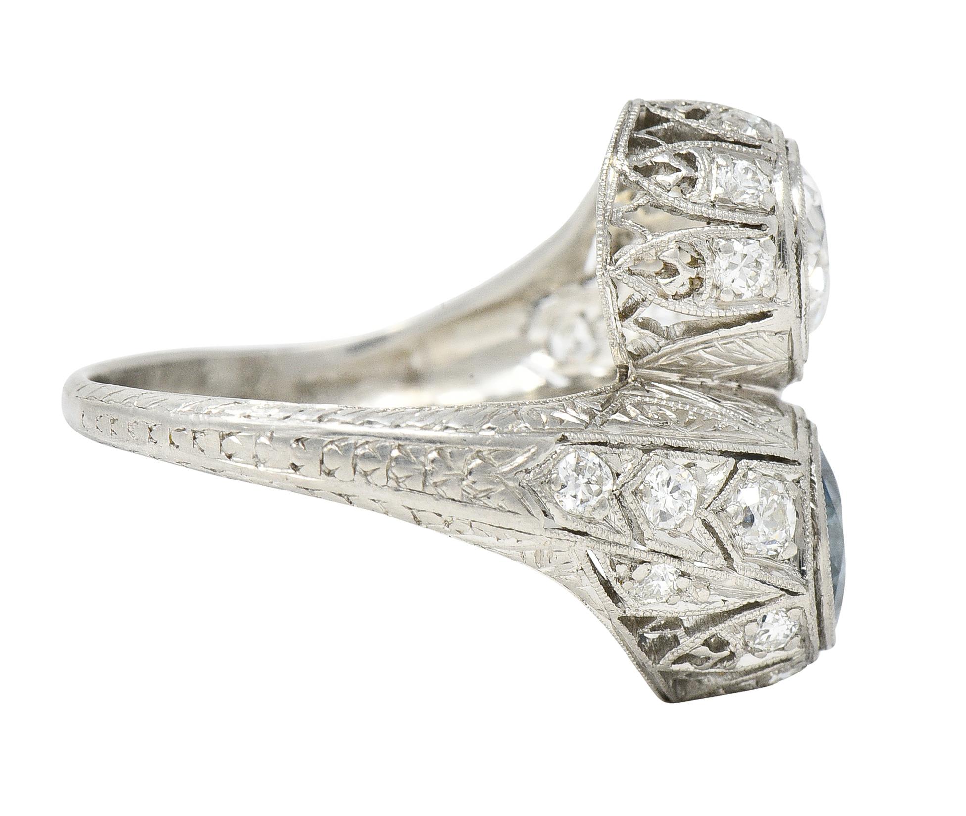 Art Deco 2.28 CTW Old European Cut Diamond Sapphire Platinum Toi Et Moi Ring In Good Condition For Sale In Philadelphia, PA