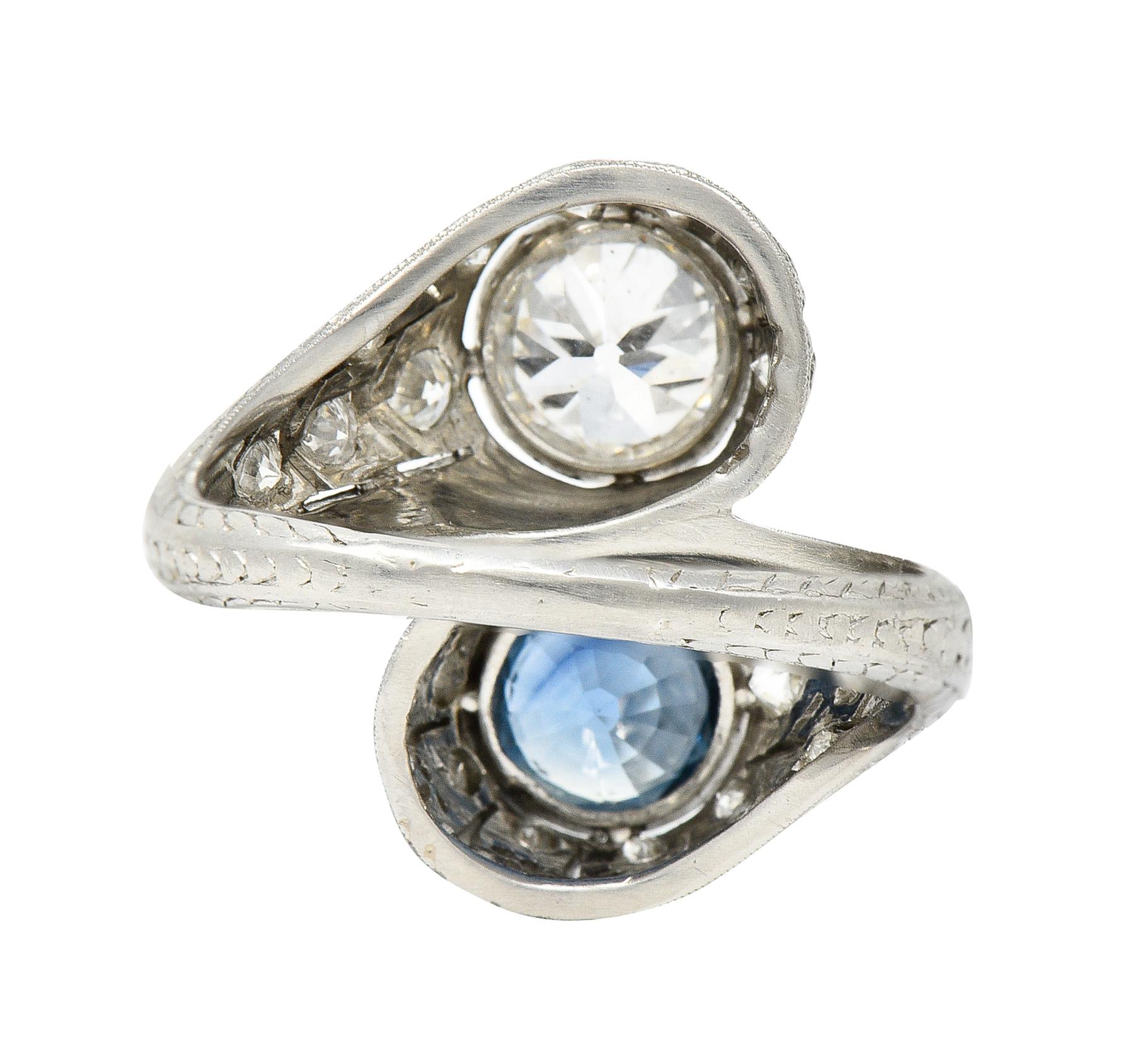 Women's Art Deco 2.28 CTW Old European Cut Diamond Sapphire Platinum Toi Et Moi Ring For Sale