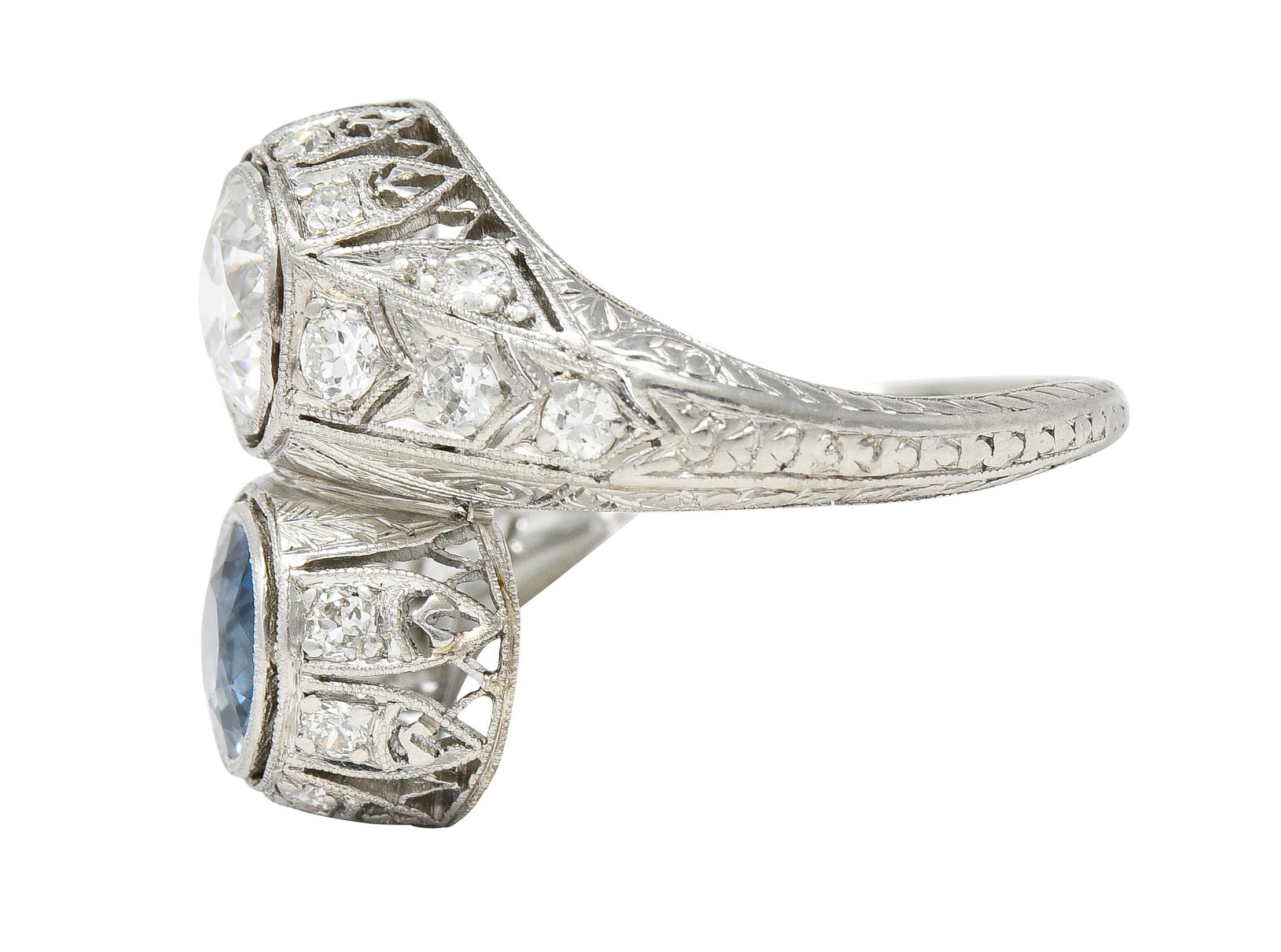 Art Deco 2.28 CTW Old European Cut Diamond Sapphire Platinum Toi Et Moi Ring For Sale 1