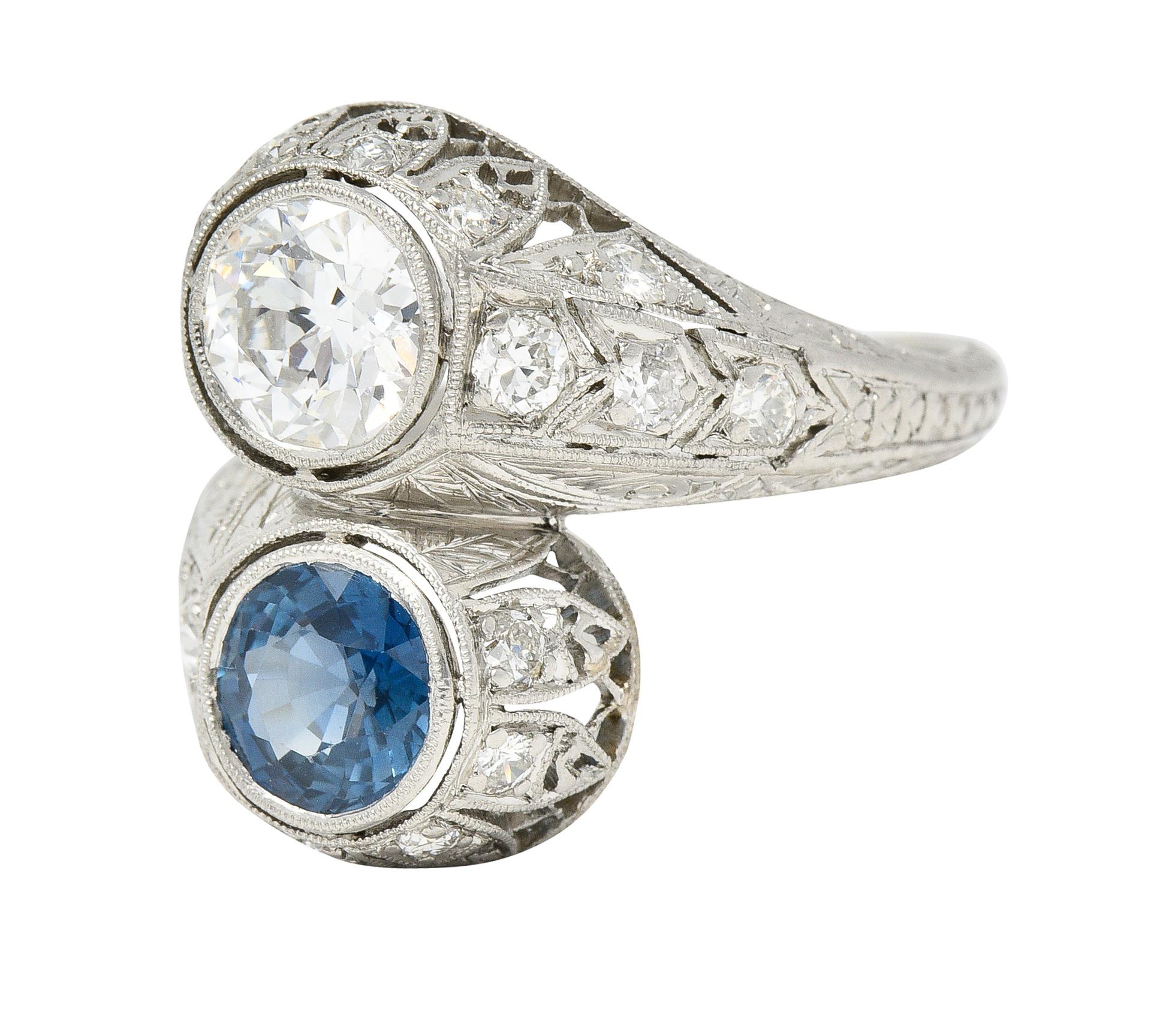 Art Deco 2.28 CTW Old European Cut Diamond Sapphire Platinum Toi Et Moi Ring For Sale 2