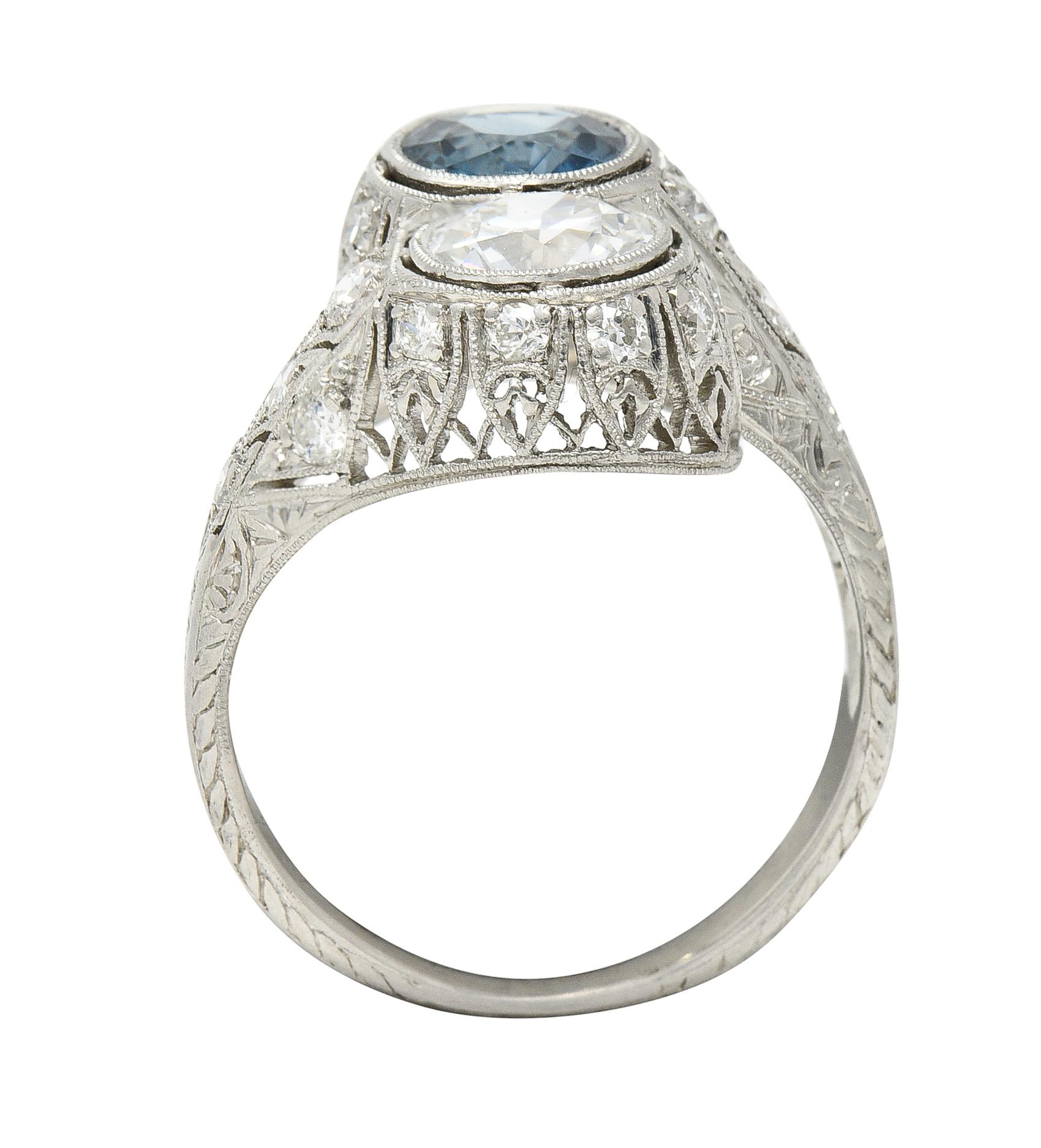 Art Deco 2.28 CTW Old European Cut Diamond Sapphire Platinum Toi Et Moi Ring For Sale 4