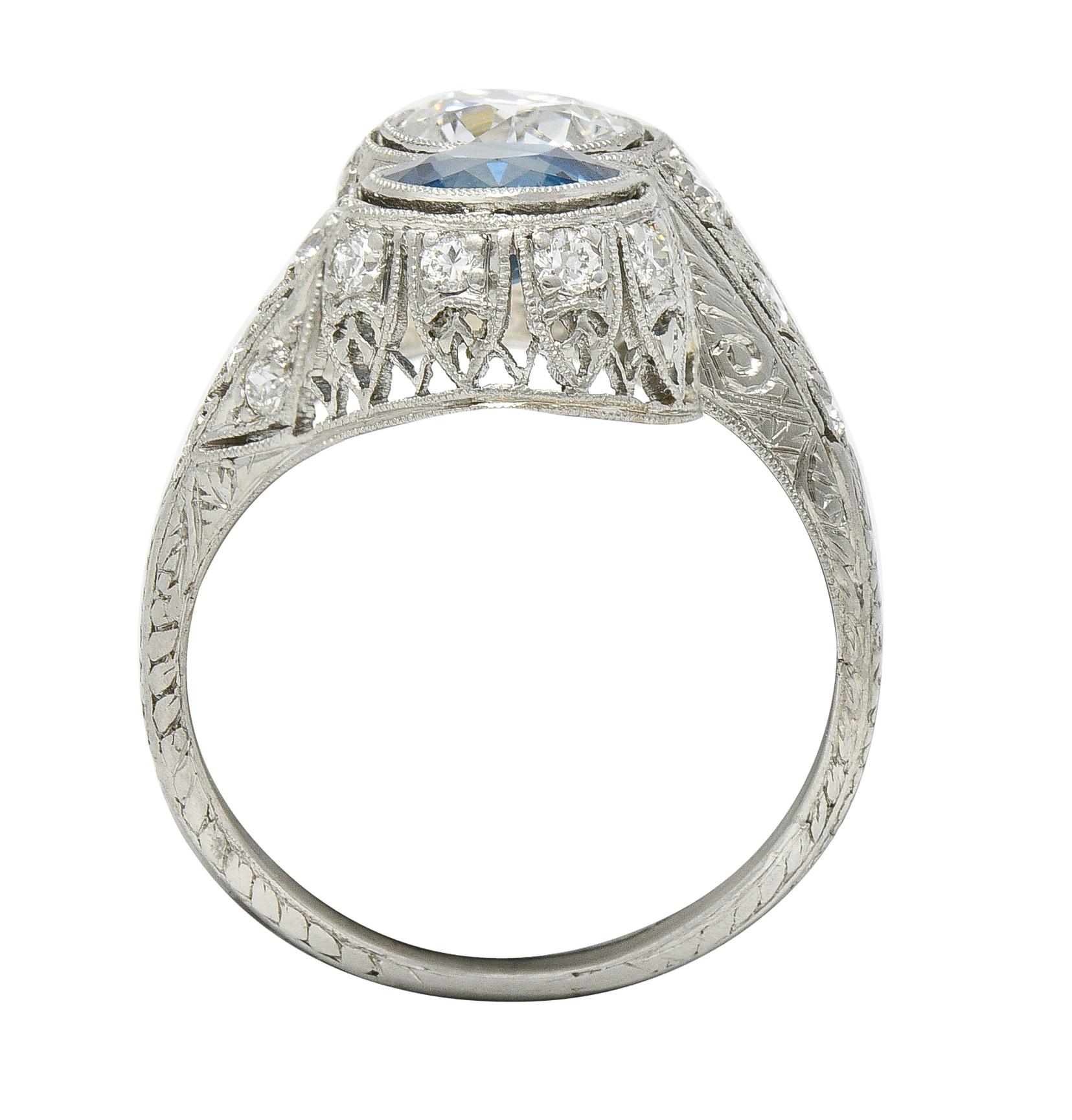 Art Deco 2.28 CTW Old European Cut Diamond Sapphire Platinum Toi Et Moi Ring For Sale 5