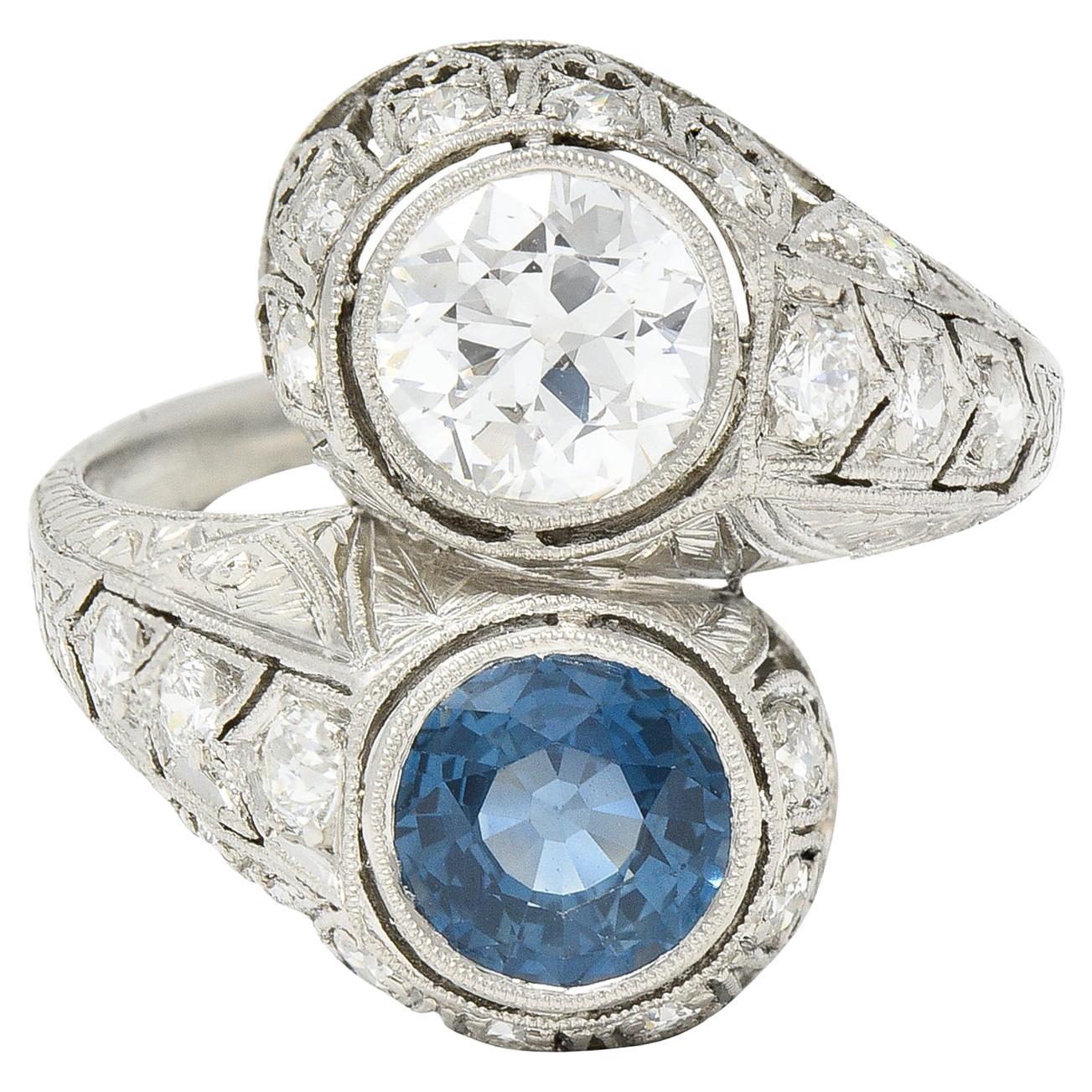 Art Deco 2.28 CTW Old European Cut Diamond Sapphire Platinum Toi Et Moi Ring For Sale